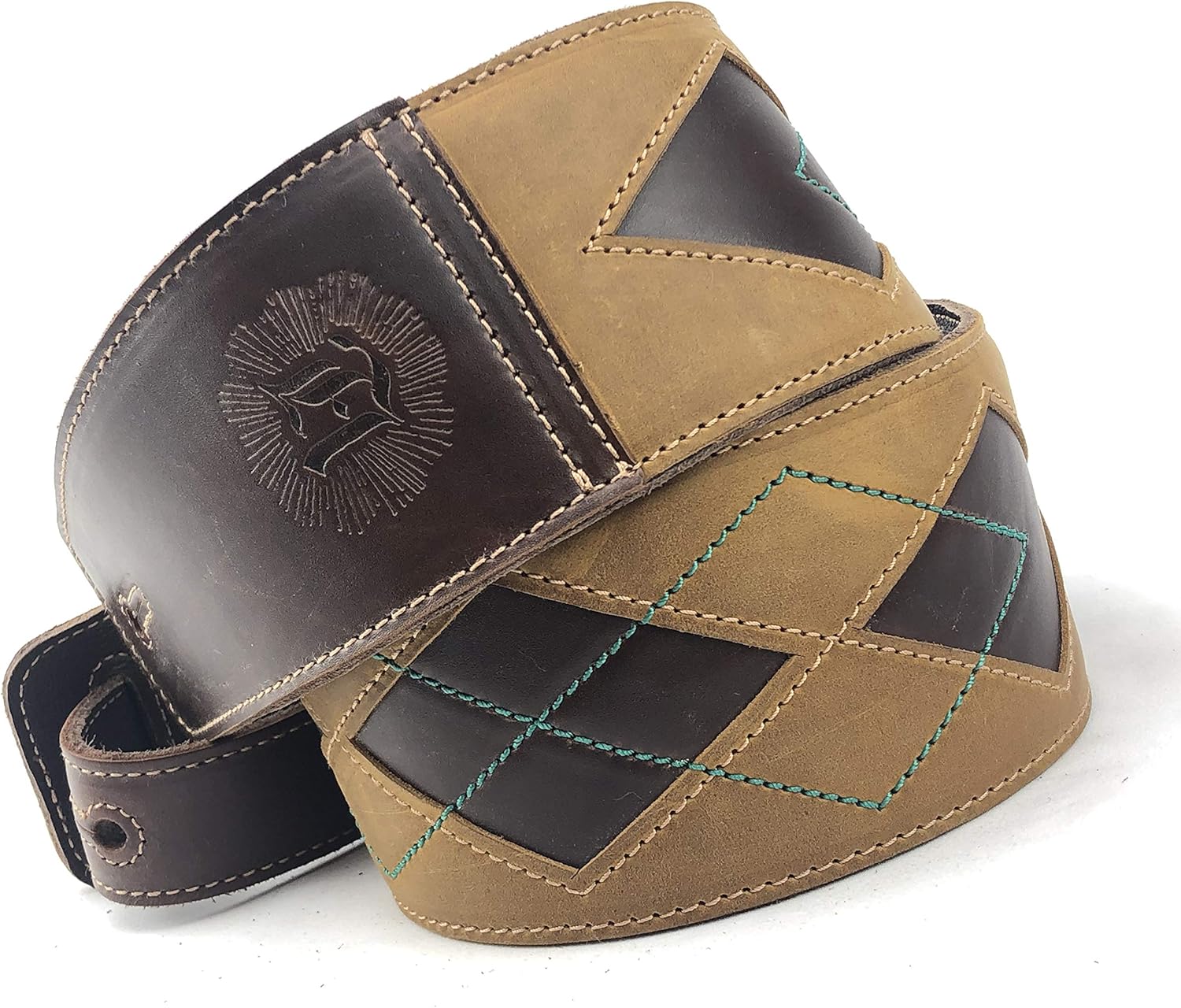 Anthology Gear "Everett Full Grain Leather Guitar Strap For Electric, Acoustic, and Bass Guitars (Tobacco/Aqua)