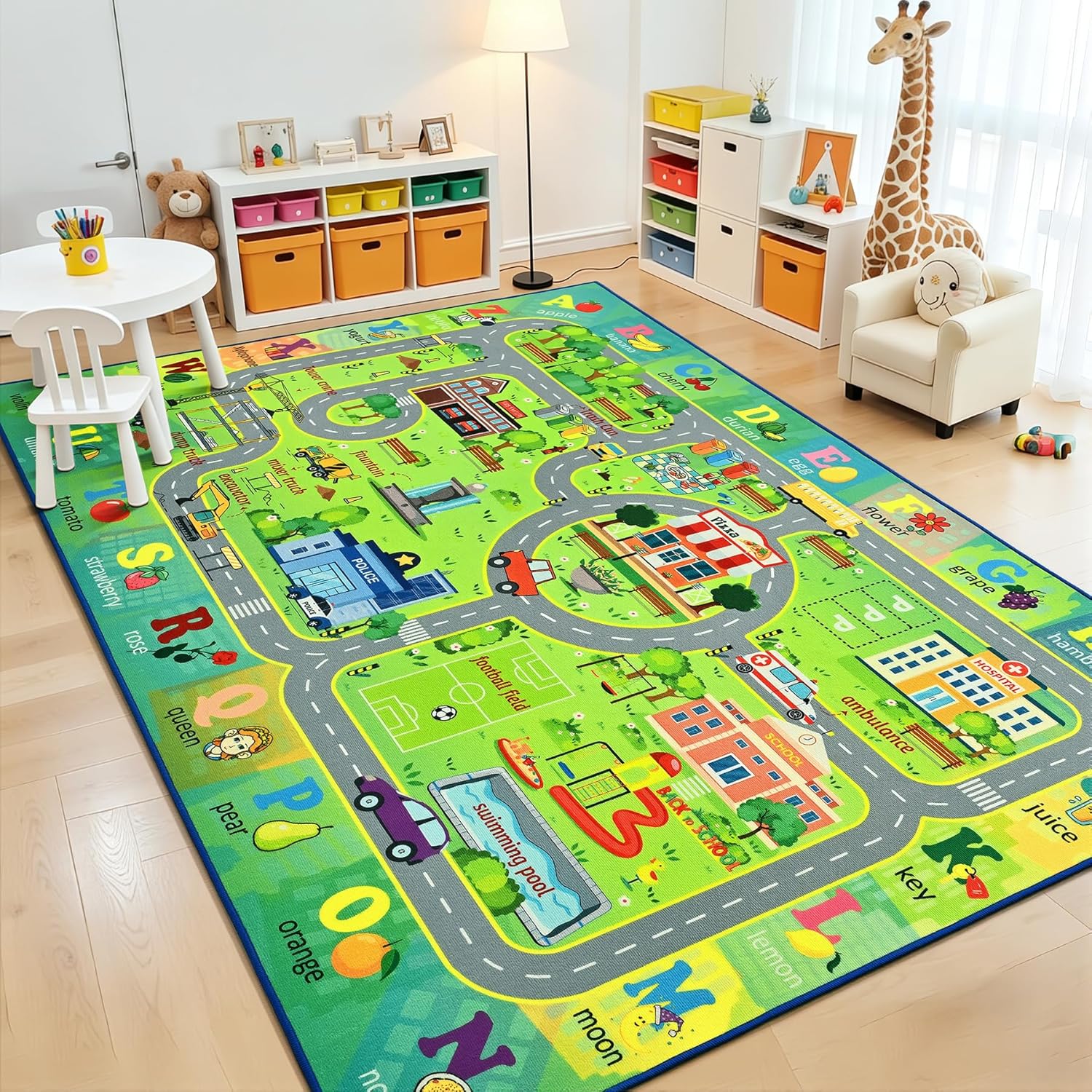 Chicrug 4x6 Car Road Area Rug for Kids Playroom Bedroom, Non Slip Low Pile Washable ABC Alphabet Carpet for Classroom, Track Play Mat for Toddler Children Nursery Baby Room Decor, Green
