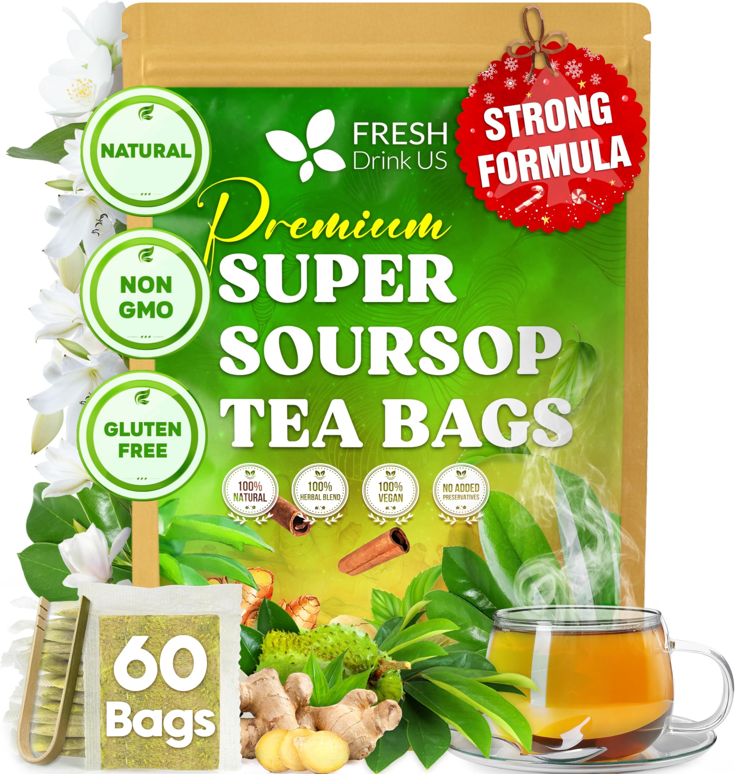 FreshDrinkUS, Super Soursop Herbal Tea – 60 Tea Bags | Soursop, Ginger, Turmeric, Lemongrass, Cinnamon, Black Pepper & Peppermint | Caffeine-Free, Natural Flavor, Plant-Based Blend | Sugar-Free