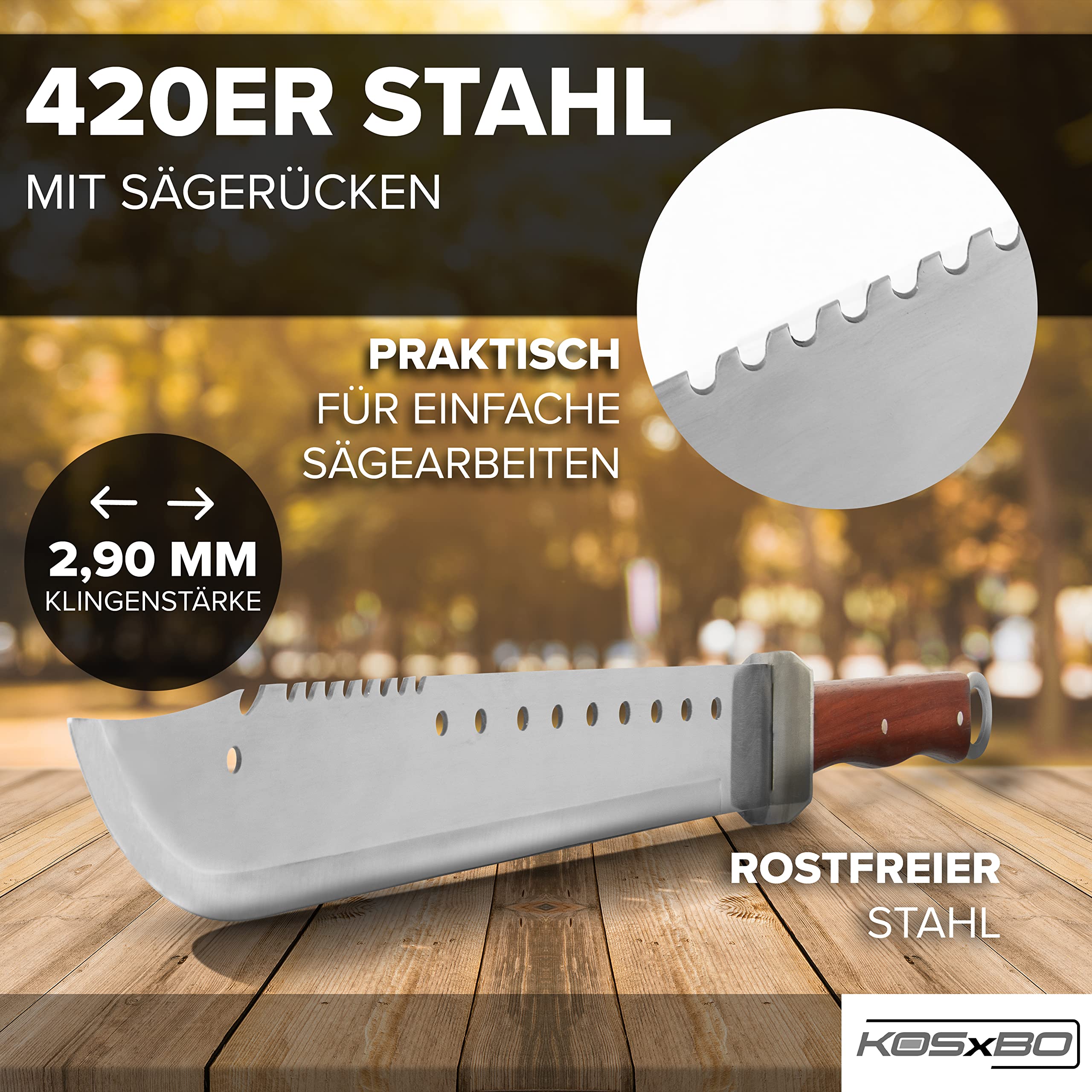 KOSxBO XXL SET Machete Survival 69 cm incl. Wurfmesser im FULL TANG Blade Style Zombie Dead Hunter Macheten Buschmesser aus Edelstahl, silber edelstahl rot holz braun