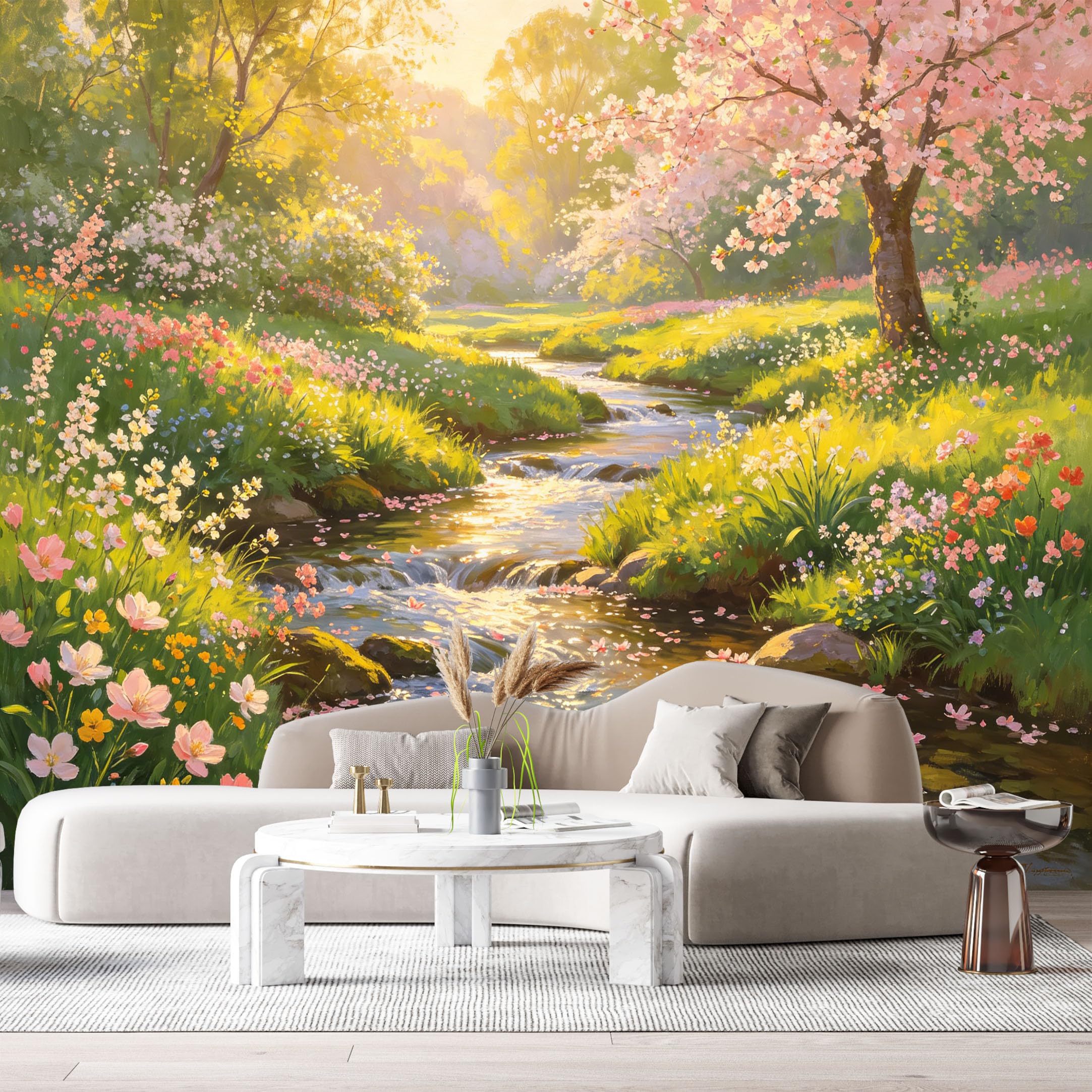 Custom Size Wall Murals Spring Garden Landscape Watercolor Flower Stream Sunlight Trees SelfAdhesive Wall Fabric Removable Large Wallpaper for Photo Living Room