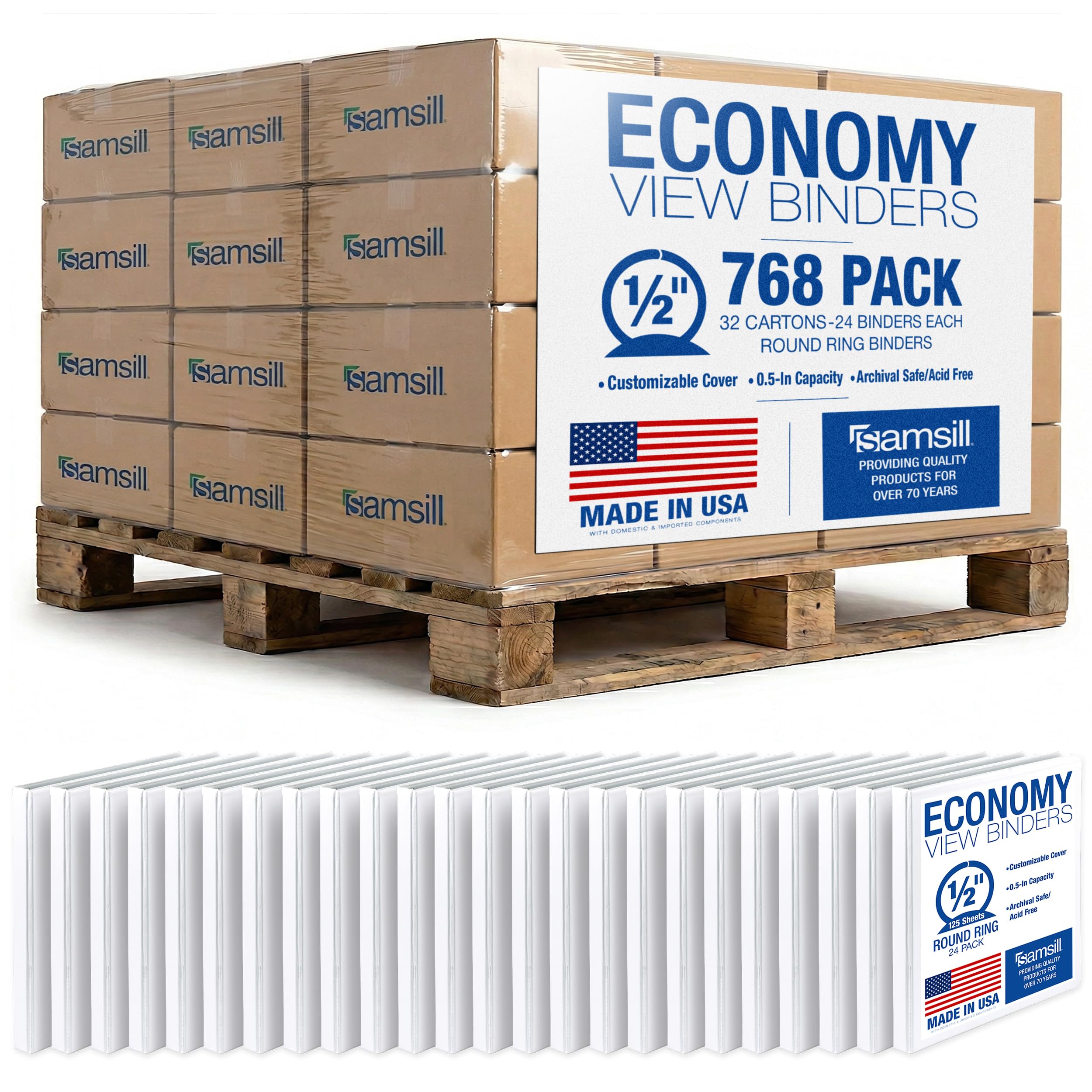 Samsill Economy 0.5 Inch 3 Ring Binder Bulk Pallet, Round Ring Binder, Customizable Clear View Cover, White, Pallet of 768 Binders in 32 Cartons