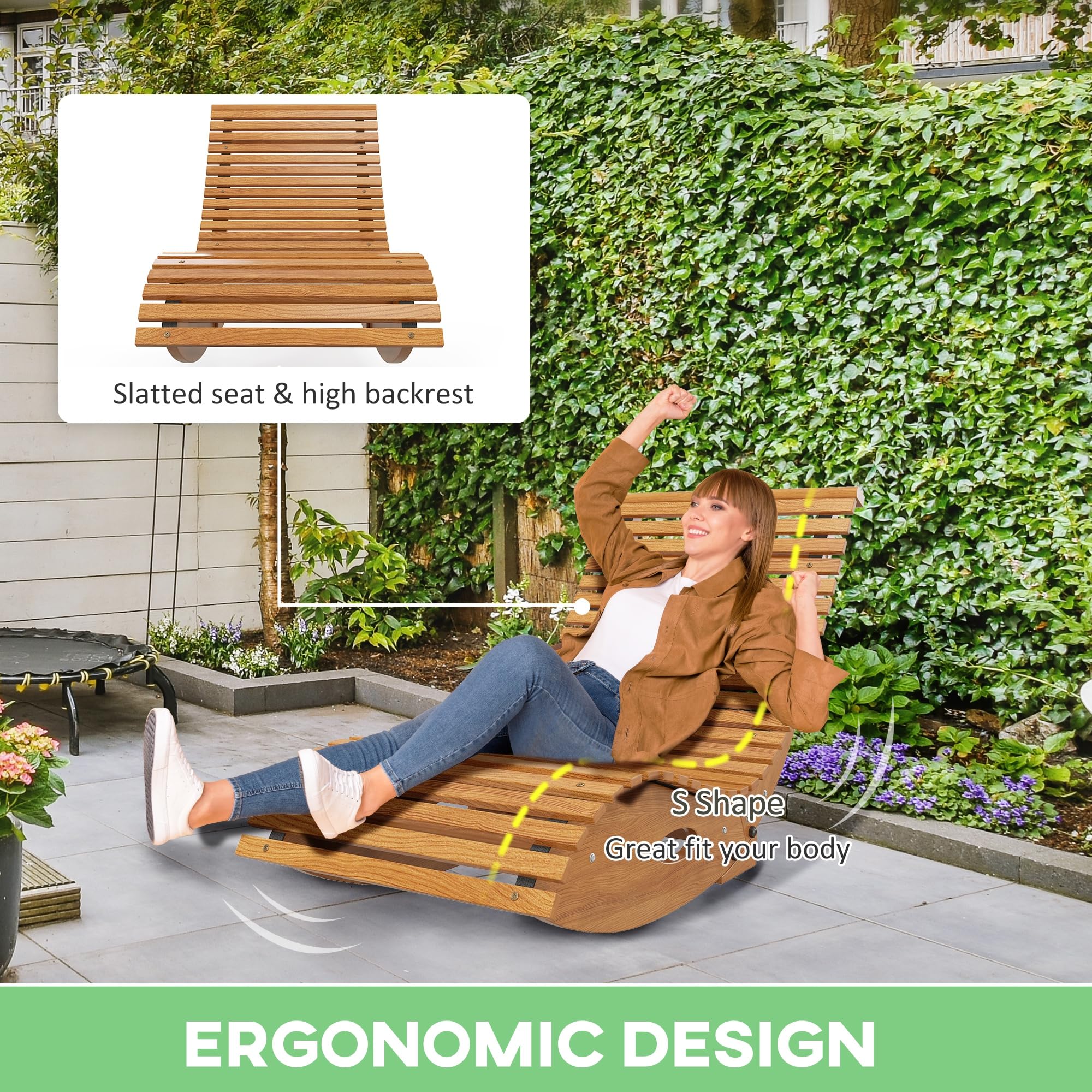 Silla mecedora para exteriores, silla mecedora de madera en forma de S con asiento de listones y respaldo alto, tumbona mecedora para patio, porche, patio trasero, jardín, teca 4