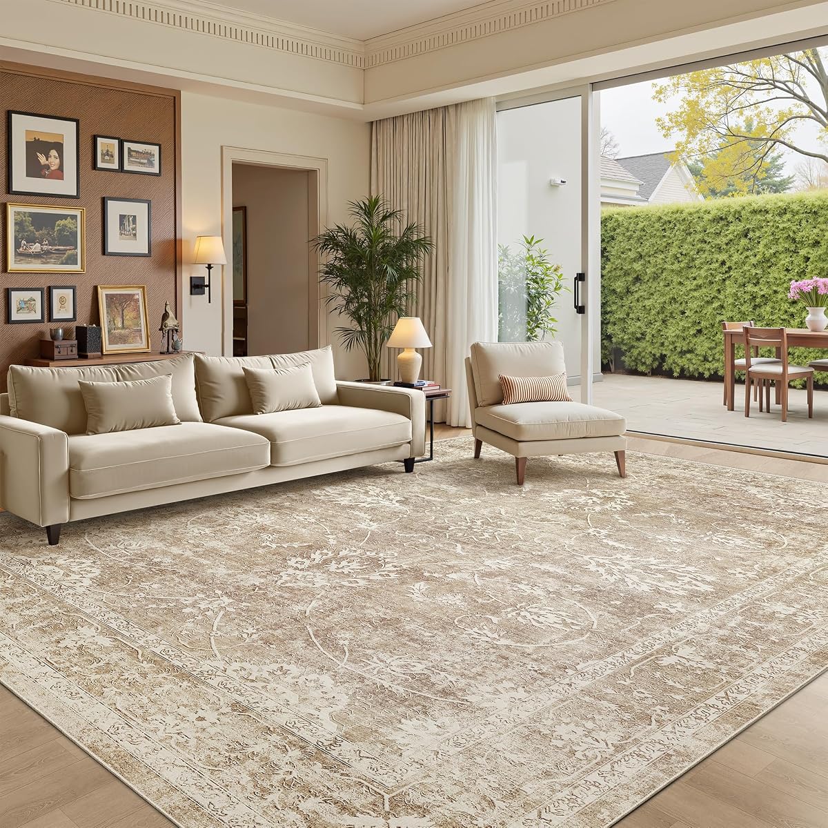 Madane 8x10 Alfombras de área para sala de estar, alfombra natural lavable beige/marrón | Respaldo antideslizante, suave estampado floral vintage Alfombras de gran tamaño Alfombra delgada para dormitorio Comedor Casa de campo Oficina en casa 8'x10'