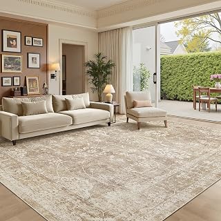 Madane 8x10 Machine Washable Area Rug Vintage Beige Brown Non-Slip Soft Low Pile for Living Room Bedroom Farmhouse