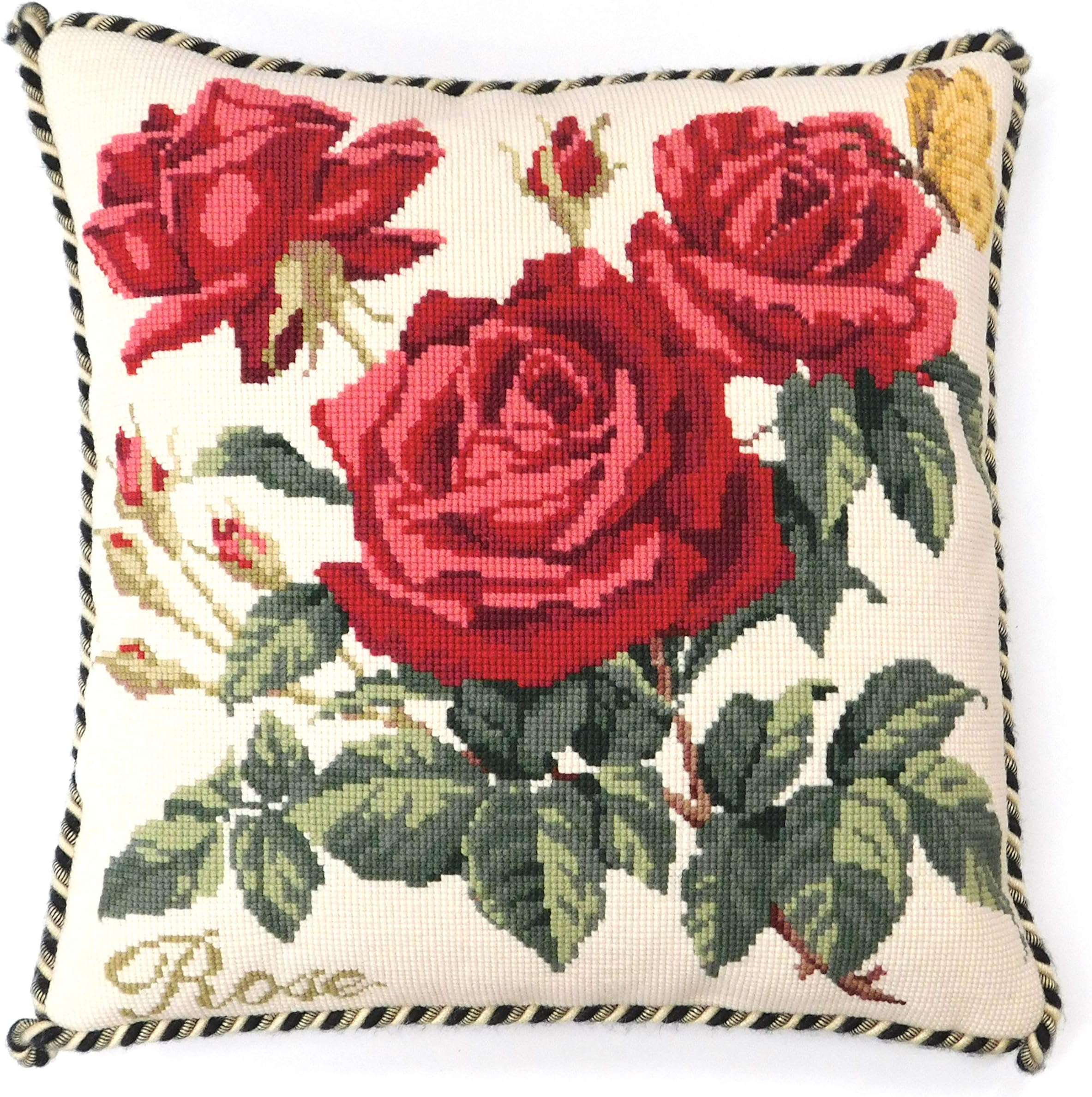 Rose Needlepoint Kit by Elizabeth Bradley. A premium English needlepoint pillow project on a Winter White background with 100% wool yarns. Cottage Garden Collection.