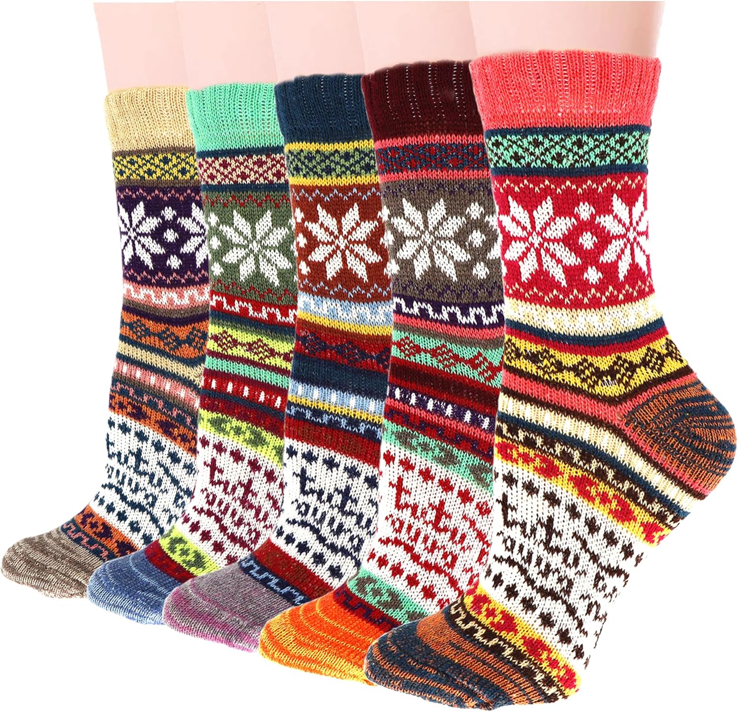YZKKE 5Pack Womens Vintage Winter Soft Warm Thick Cold Knit Wool Crew Socks, Multicolor, free size
