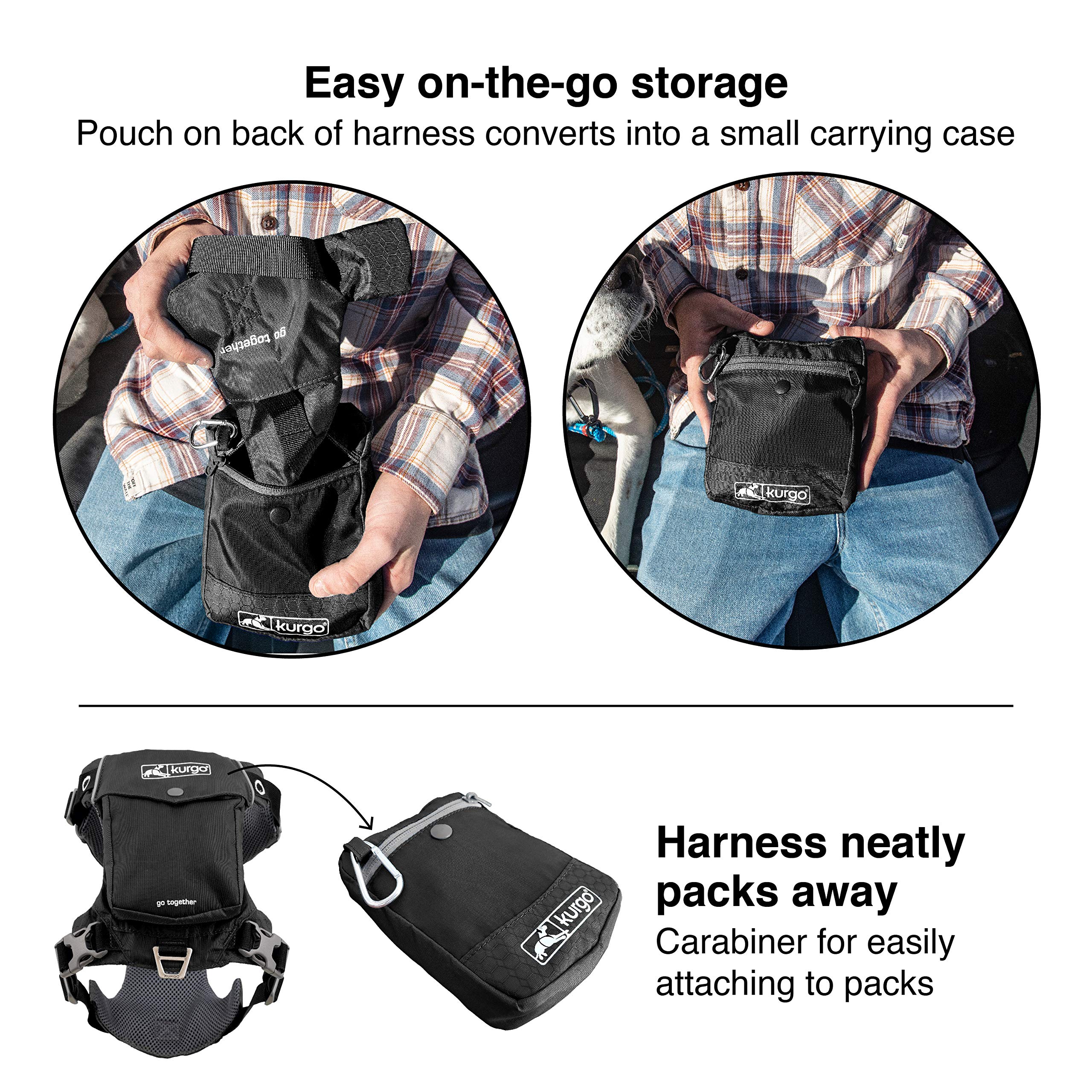 Kurgo Stash n' Dash - Arnés ligero para perros, arnés para mascotas con bolsillo, se pliega en una bolsa, para correr, senderismo, reflectante, negro, pequeño