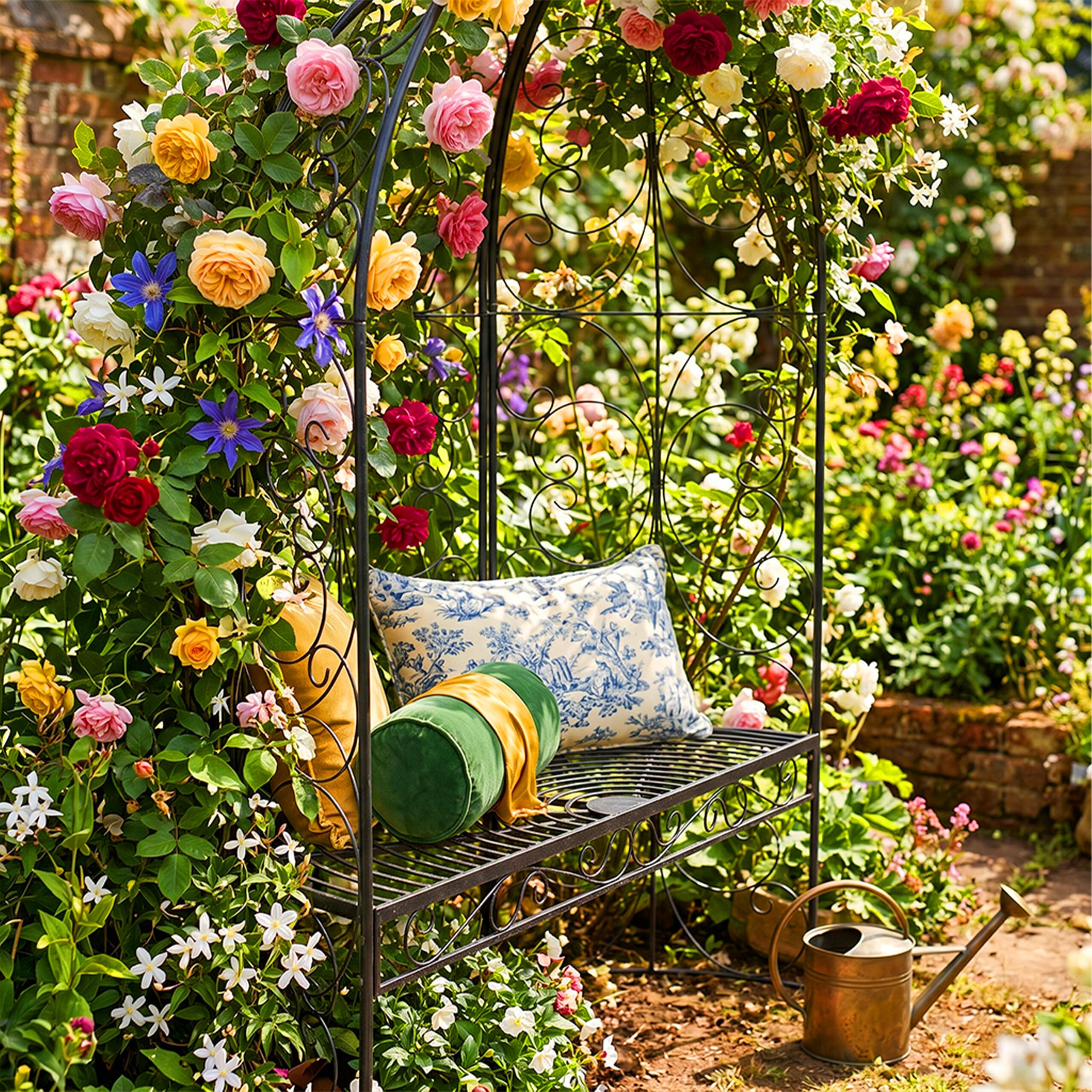Panchina da Giardino Relaxdays con Arco per rampicanti, Portata 240 kg, A x L x P 178 x 120 x 58 cm, Nero