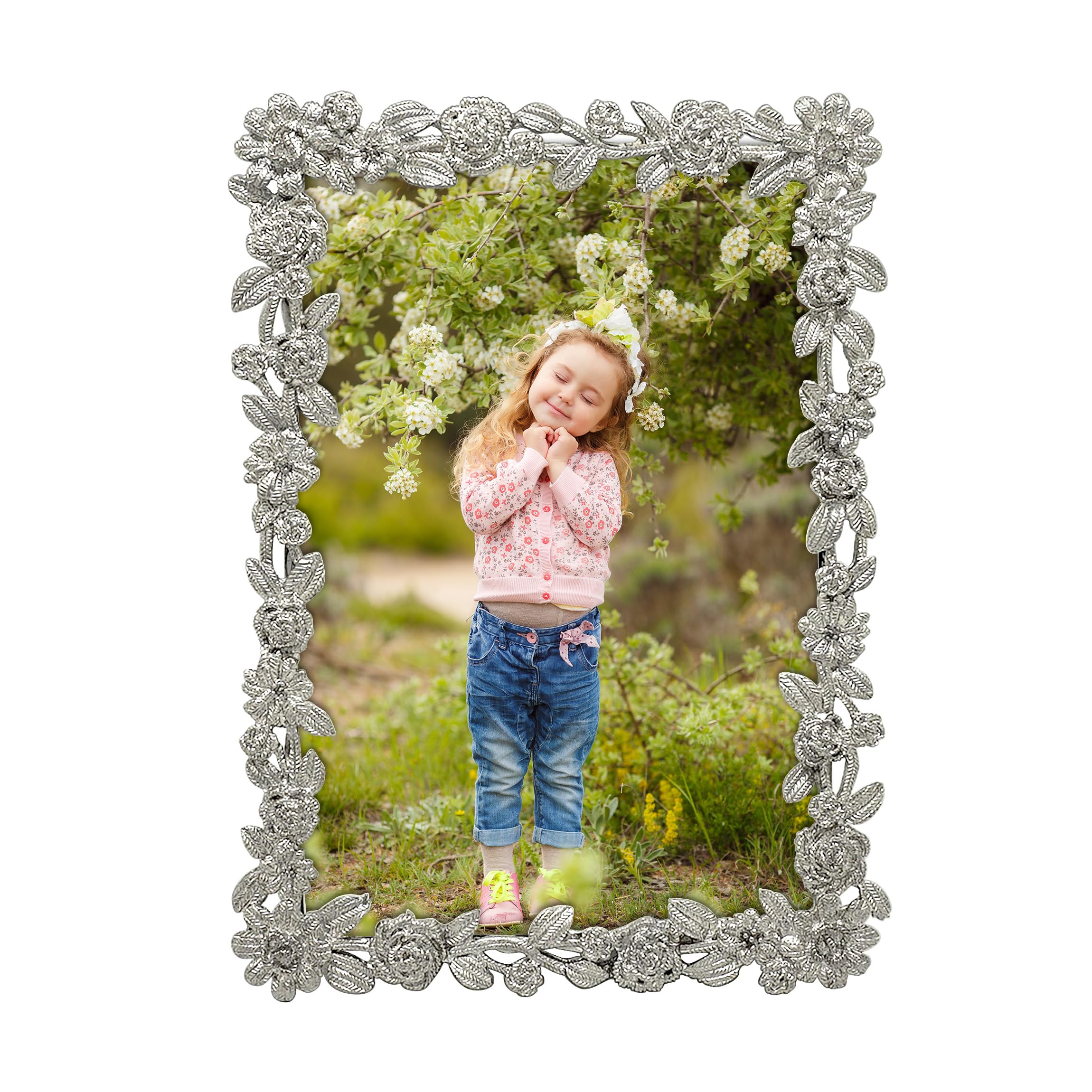 GIFTY GIFTY Cut-Out Floral Photo Frame / 4x6 In | For Vertical and Horizontal Display on Tabletops | Perfect for Home Decor, Wedding, Vacation, Graduation, Or Any Milestone Photos (Silver)
