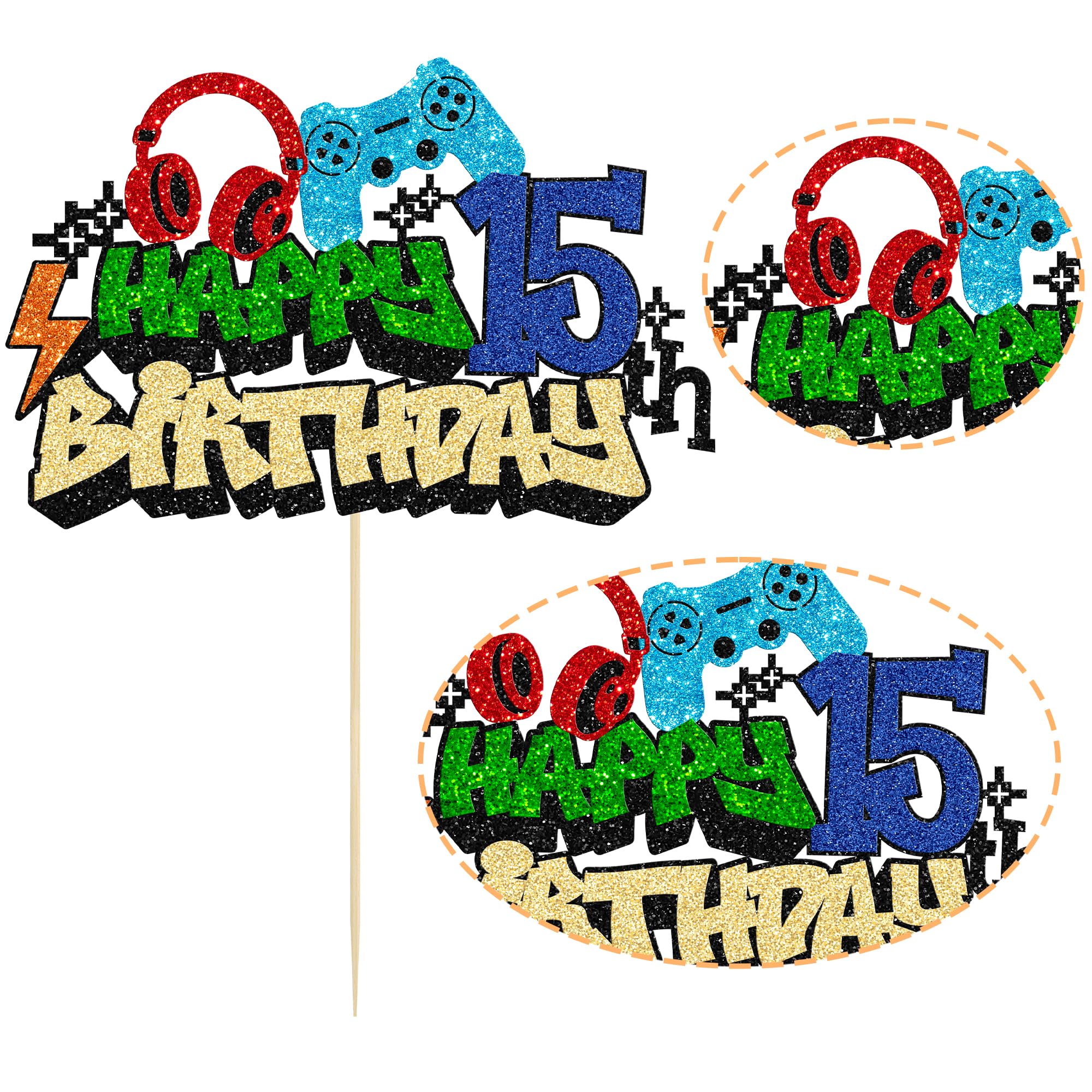 Gyufise 1Pcs Happy 15th Birthday Cake Topper Glitter Video Game Cake Pick Game On Controllers Fifteen Cheers to 15 Years Cake Decoration for Game Theme Happy 15th Birthday Party Supplies 2