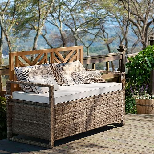 Miniatura 3 de YITAHOME Banco de almacenamiento al aire libre de 70 galones, banco de mimbre de polietileno para todo tipo de clima, caja de almacenamiento para