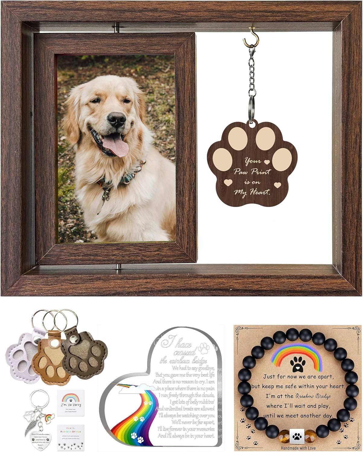 Dog Memorial Gifts for Loss of Dog, 5-Piece Pet Memorial Gift Set, Pet Loss Sympathy Gifts with 4x6 Photo Frame, Bracelet, Keychain, Rainbow Bridge Keepsake