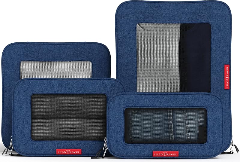 LeanTravel Cubos de embalaje de compresión premium para viajes – Bolsas organizadoras de valija con doble cremallera y panel de malla transpirable – Artículos esenciales para equipaje de mano para ahorrar espacio (paquete de 4, azul marino)