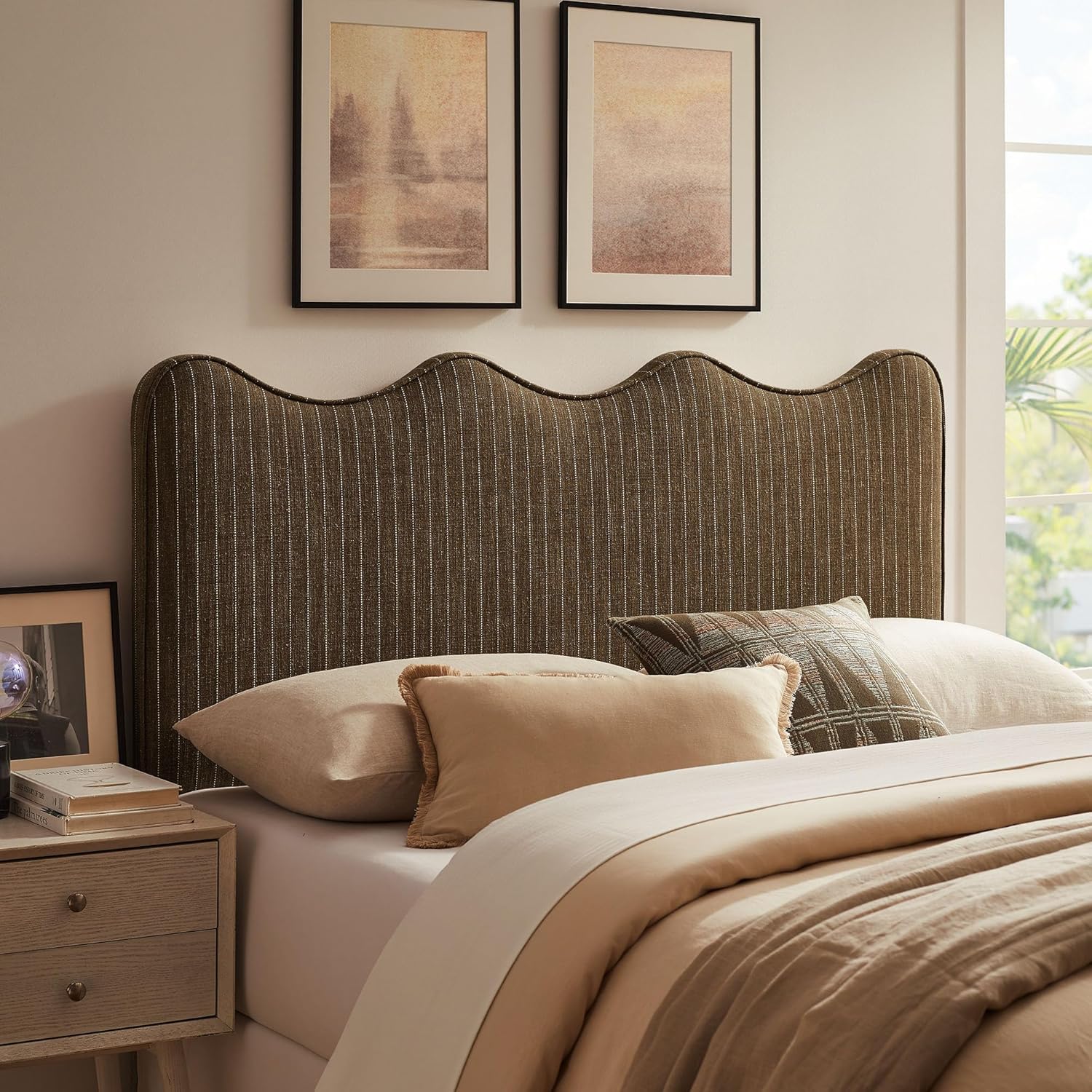 Monday Athena Striped Fabric Upholstered King Size Adjustable Headboard in Earth Stripe - with Scalloped Wave Design and Soft Linen-Like Fabric