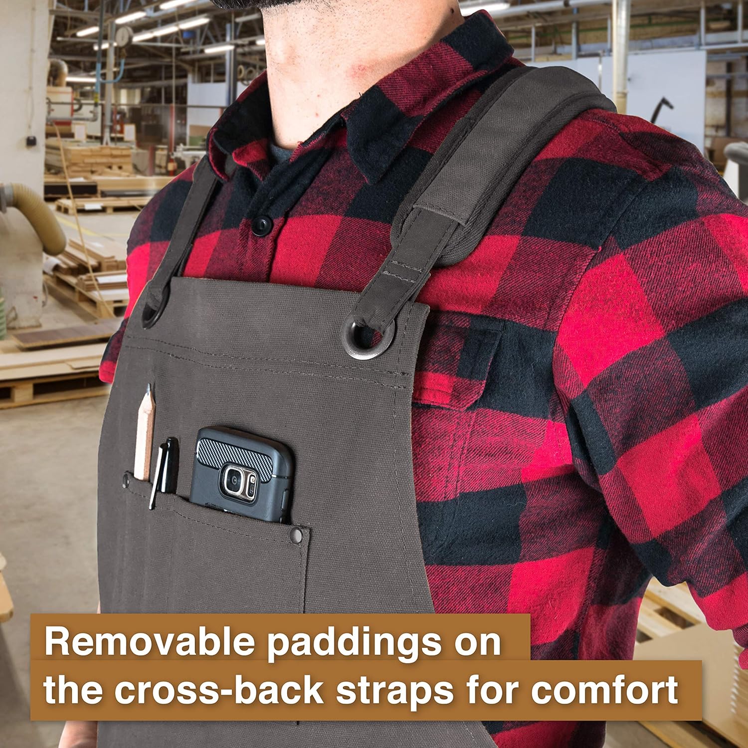 Hudson Durable Goods Woodworking Edition Waxed Canvas Tool Apron for Men and Women, Heavy Duty Work Apron with Front Pockets, Adjustable Padded Straps, Quick Release Buckle, Crossback - One Size, Grey