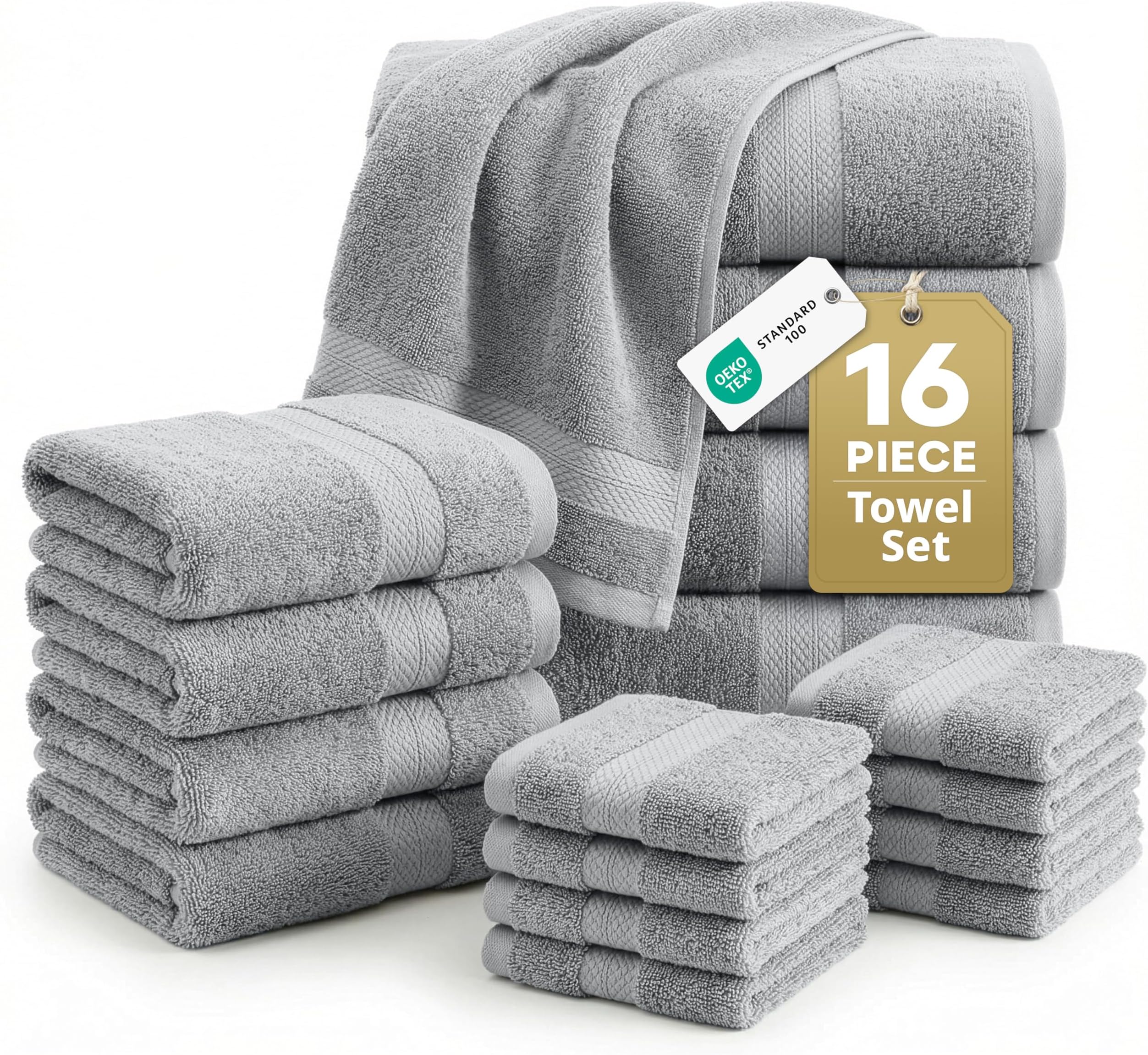 LANE LINEN 100% Cotton Turkish Towel Set for Bathroom - 16 Piece - Super Soft, Quick Dry & Highly Absorbent - 4 Bath, 8 Wash cloths, 4 Hand Towels - Hotel Quality, Durable & OEKO-TEX Certified - Grey