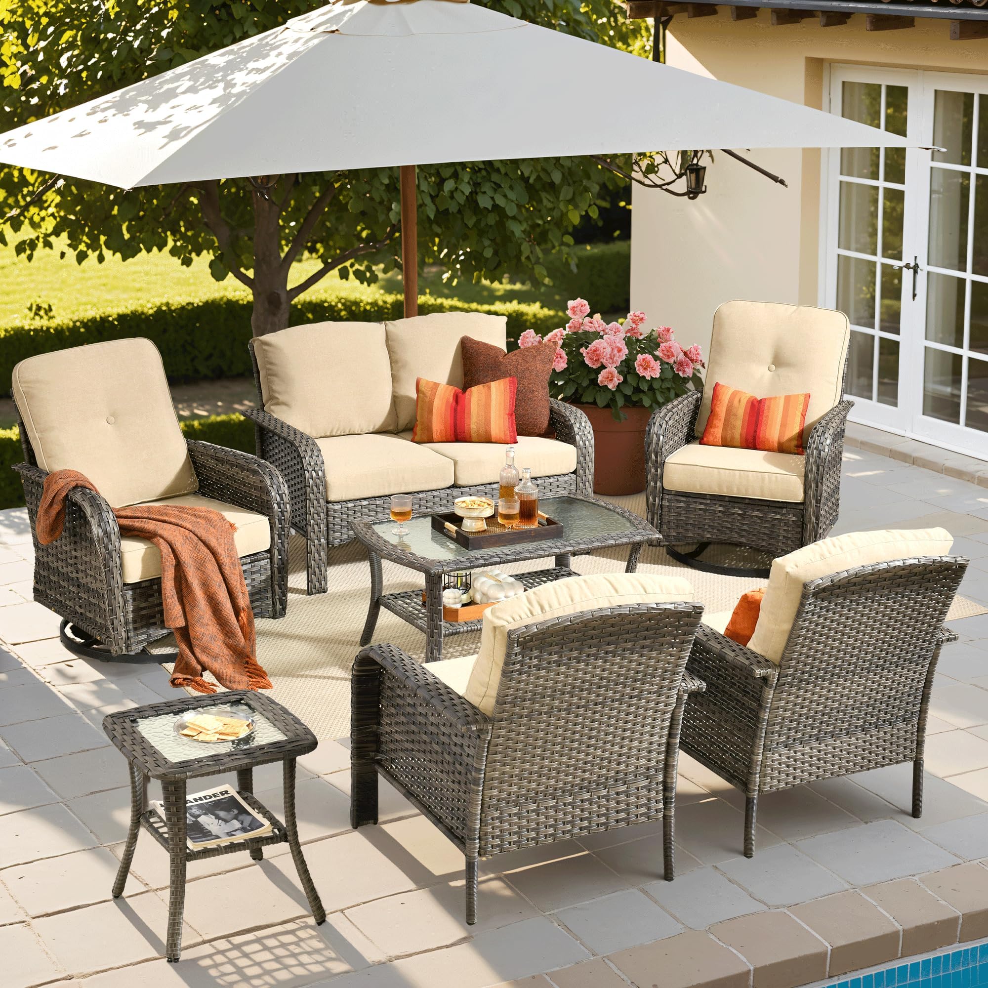 7-Piece Patio Furniture Set, Outdoor Wicker Sofa with Swivel Chairs Coffee Table, High Back Rattan Couch Loveseat with Comfy Cushions for Porch Yard Deck, Beige
