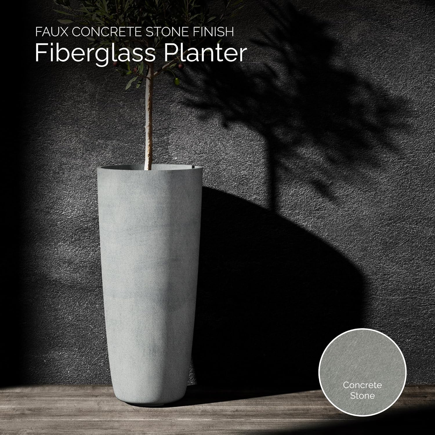 Lofto Tall Planter – Concrete Stone Finish – Fiberglass Indoor/Outdoor and Weather-Resistant Large Planter (19.7" D x 43.7" H Exterior, 18.5" D x 43.3" H Interior) Concrete Stone 19.7"D x 43.7"H