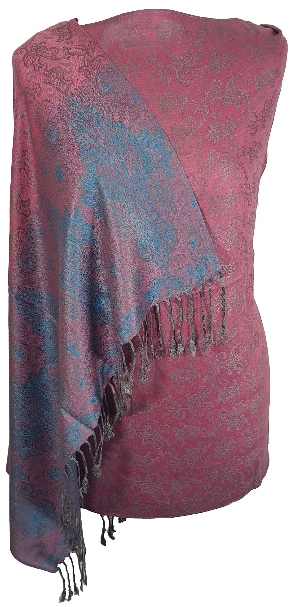 World of Shawls Ladies Floral Paisley Bordered Pashmina Feel Shawl Scarf Wrap Stole Luxuriously Warm Soft and Silky Touch (DuskyPink/Turquoise_5234)