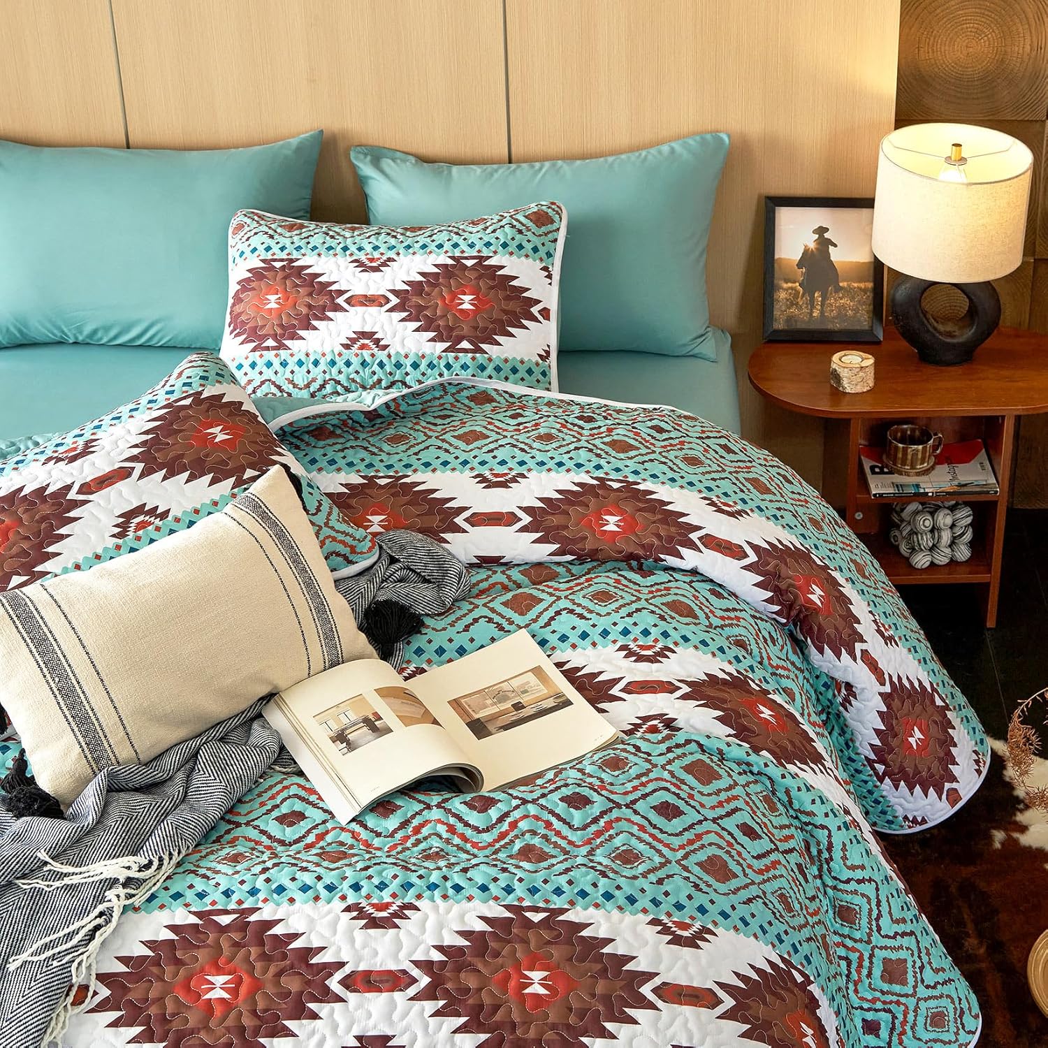 Wake In Cloud - Western Quilt Set, Southwestern Aztec Country Style with Rustic Ranch Vibe, Reversible Lightweight Bedspread Coverlet, 3 Pieces, Turquoise Brown, Queen/Full Size - Image 5