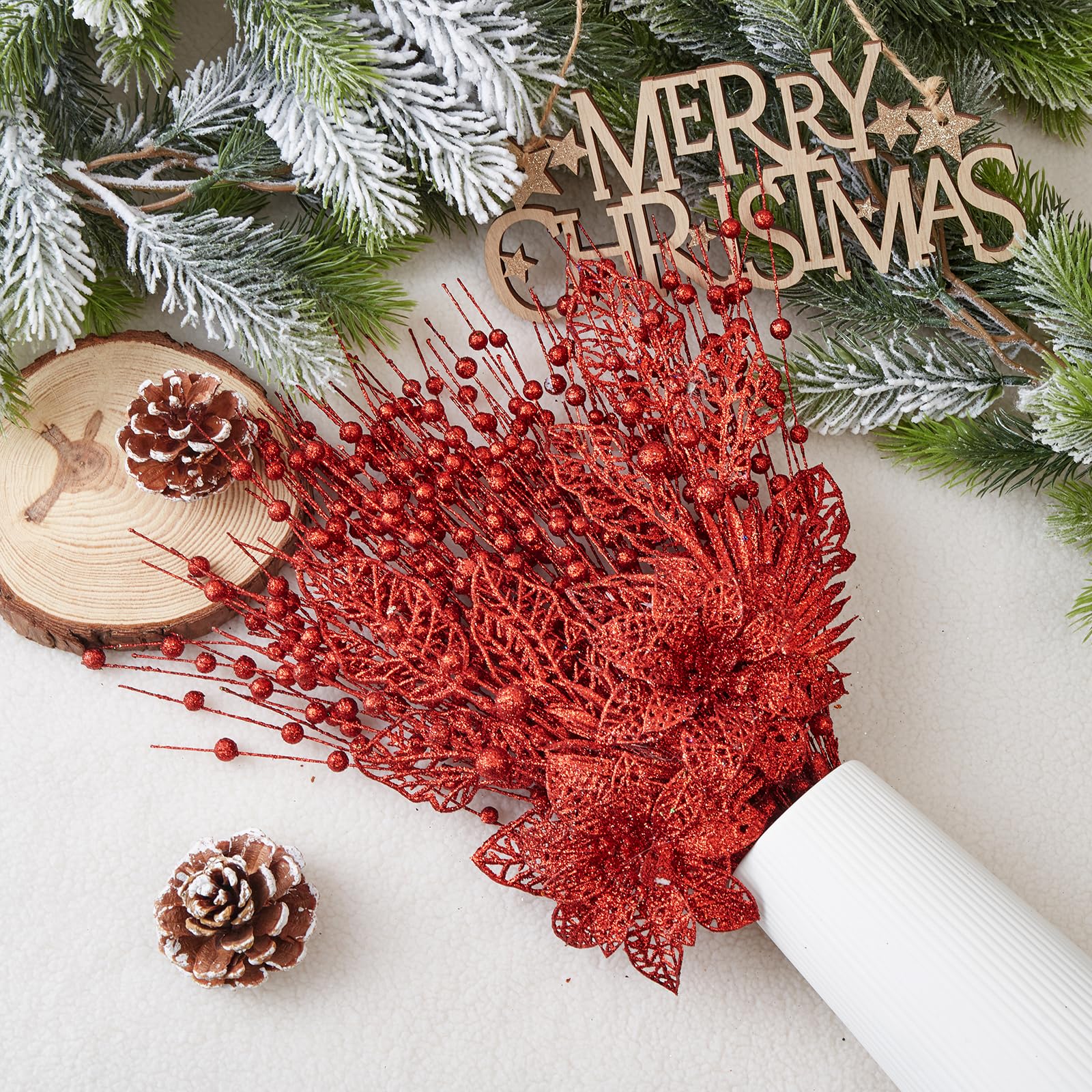 Paquete de 24 adornos para árbol de Navidad, flores artificiales con purpurina, tallos de bayas de Navidad, ramas para decoración de árbol de Navidad, relleno de jarrón, vacaciones, boda, fiesta,