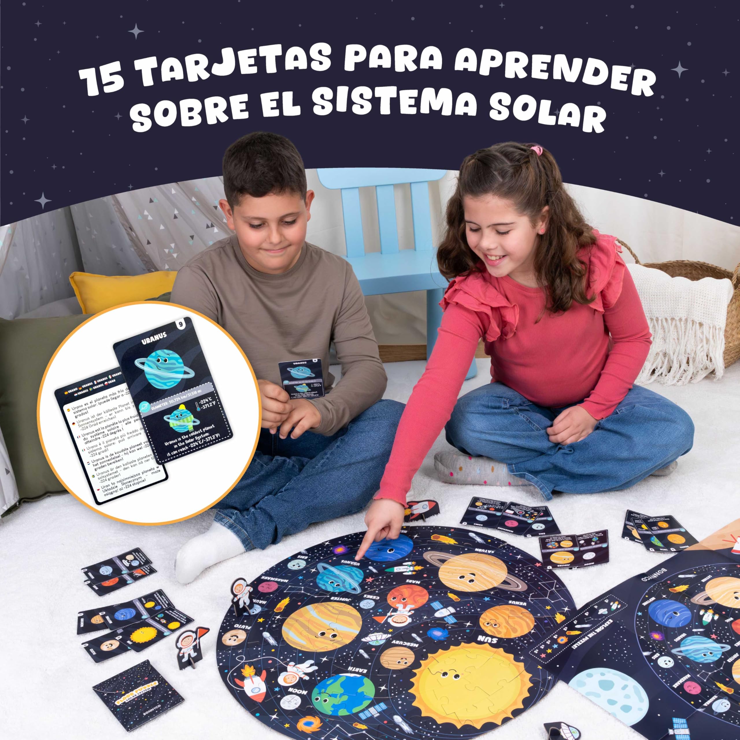 BONNYCO Puzzle XXL Sistema Solar para Niños con 70 Piezas Grandes. Rompecabezas Redondo Planetas 58 x 58 cm, 15 Tarjetas, 4 Figuras y Guía. Juegos Educativos, Regalos, Juguetes Niños 4 Años