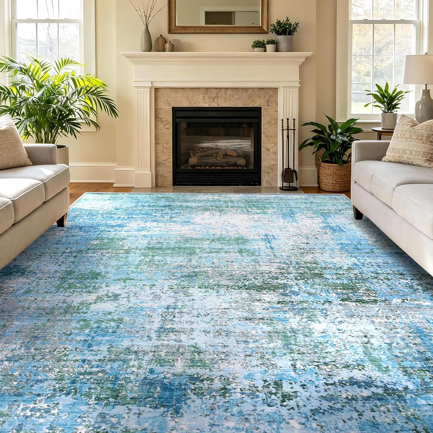 6x9 Area Rugs Living Room Rug Abstract Washable Rug Non-Slip Soft Low Pile Indoor Floor Stain Resistant Thin Carpet for Bedroom Dining Room Home Office Farmhouse Nursery - Dusty Blue & Cream 6' x 9' image 2