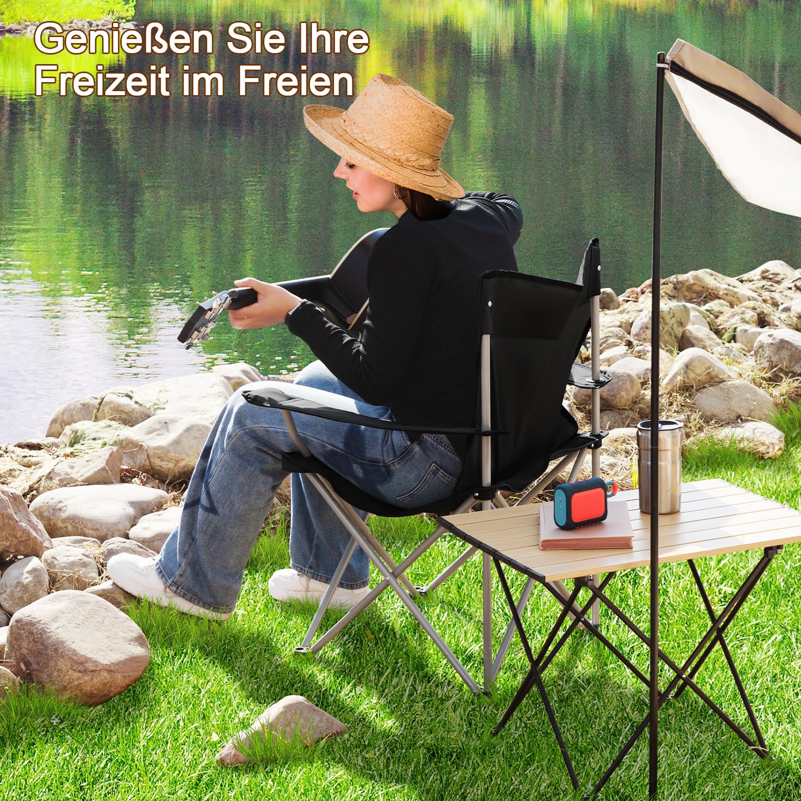 sedia da campeggio pieghevole con braccioli, parasole, portabicchieri e borse da trasporto, per spiaggia pesca all'aperto, carico 100 kg (blu