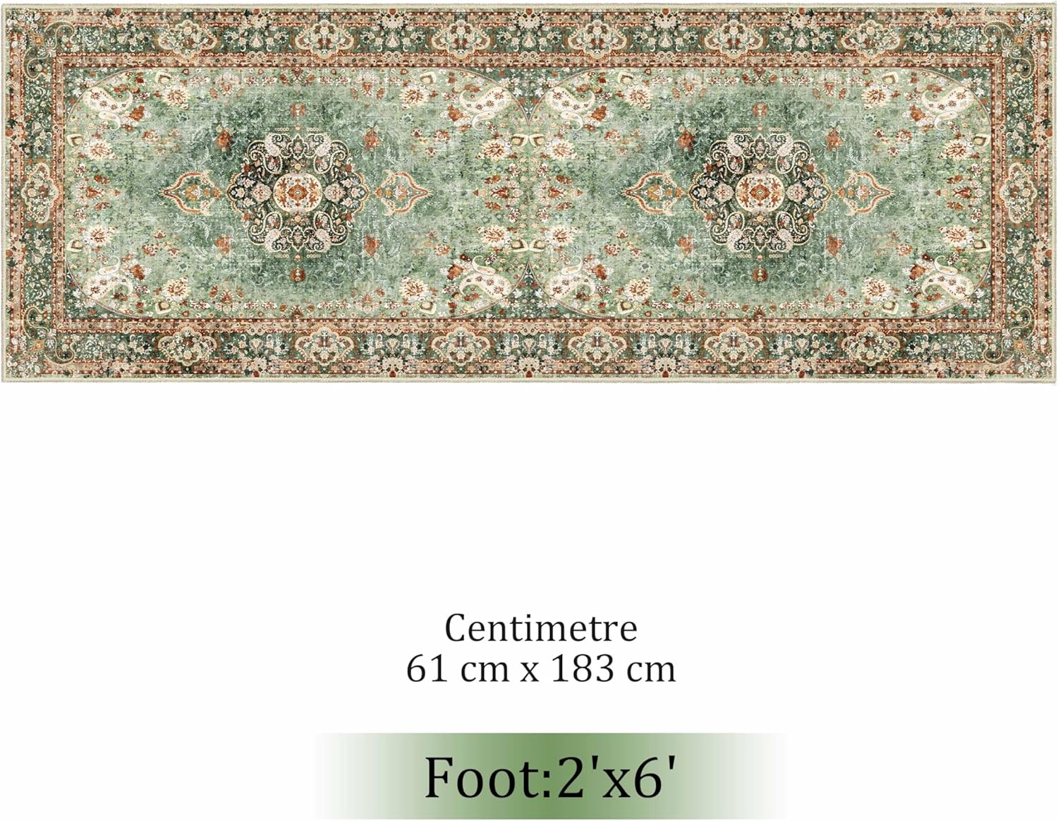 Green Floral 2' x 6' Washable Non-Slip Runner Rug