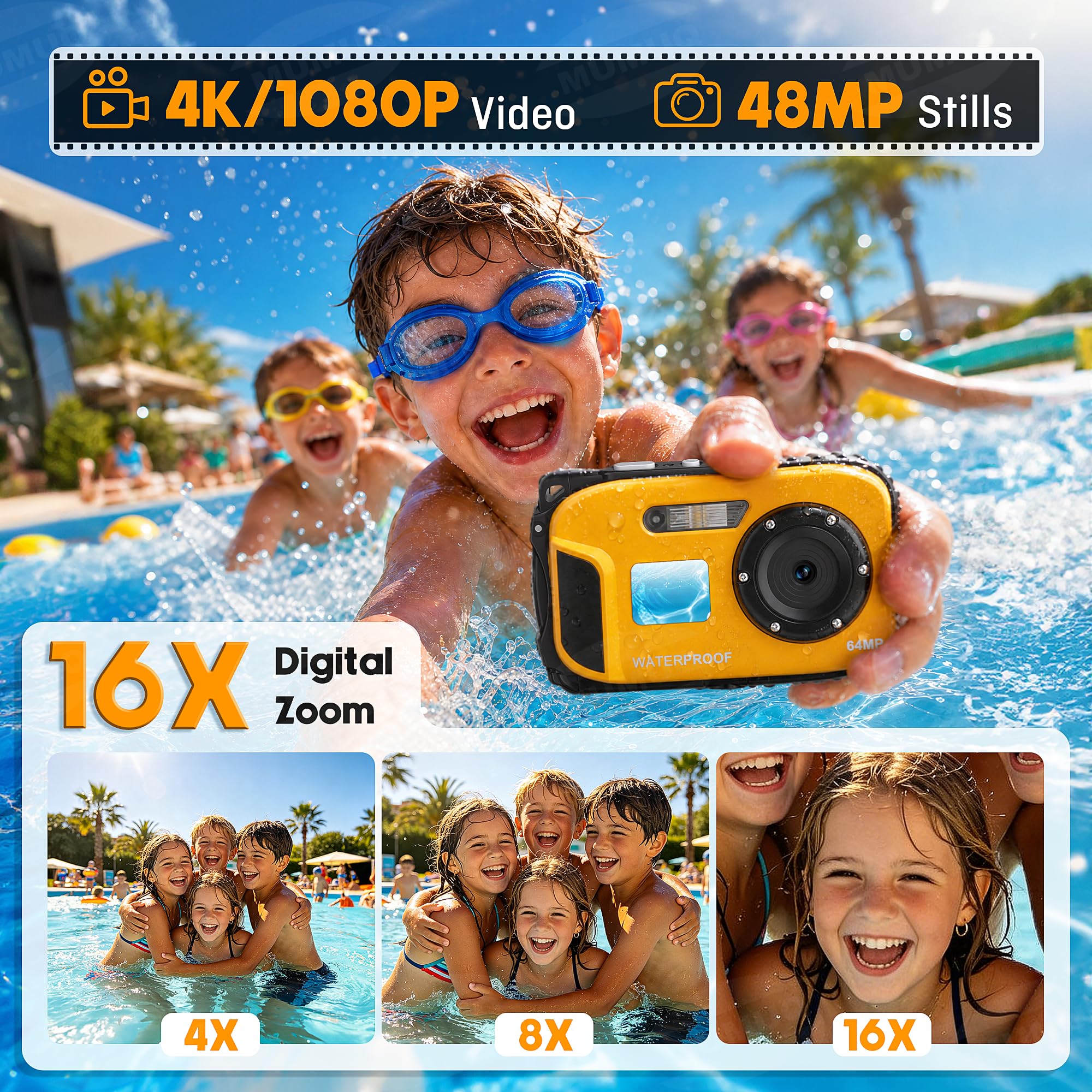 Cámara subacuática flotante para niños, cámara digital impermeable con tarjeta de 32 GB, cámara de esnórquel portátil 4K de 48 MP para piscina, playa, cámara de acción flotante ligera y recargable