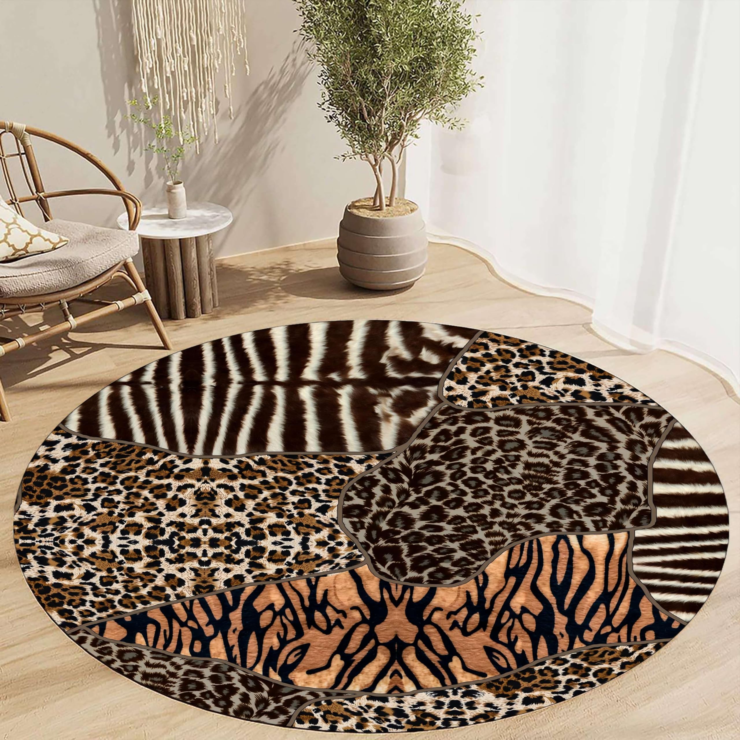 Arzunsy Cheetah Print Round Rug 160cm, Animal Pattern Low Pile Carpet, Machine Washable & Non-Slip Soft Mat for Living Room, Bedroom, Hallway & Farmhouse Decor