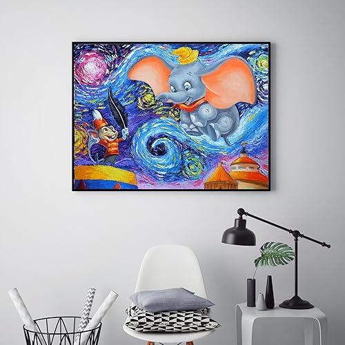 Miniatura 2 de Uhomate Decoración de pared de elefante volador de Dumbo Vincent Van Gogh, póster de noche estrellada para el hogar, lienzo impreso para decoración