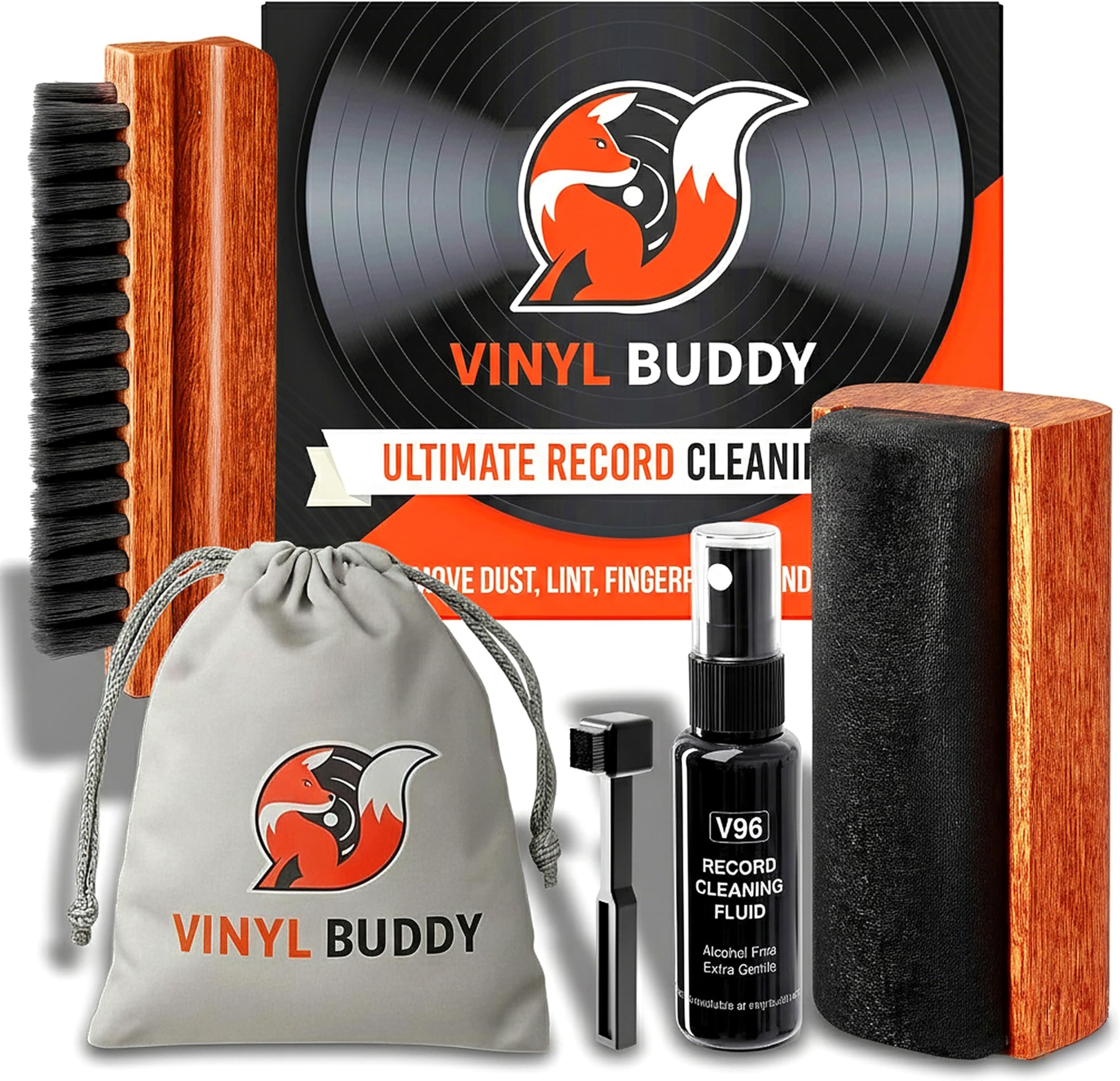 Record Cleaner Kit - 5 Piece Ultimate Cleaning System With Velvet and Nylon Microfiber Brushes, Stylus Brush, LP Cleaning Solution, Storage Pouch