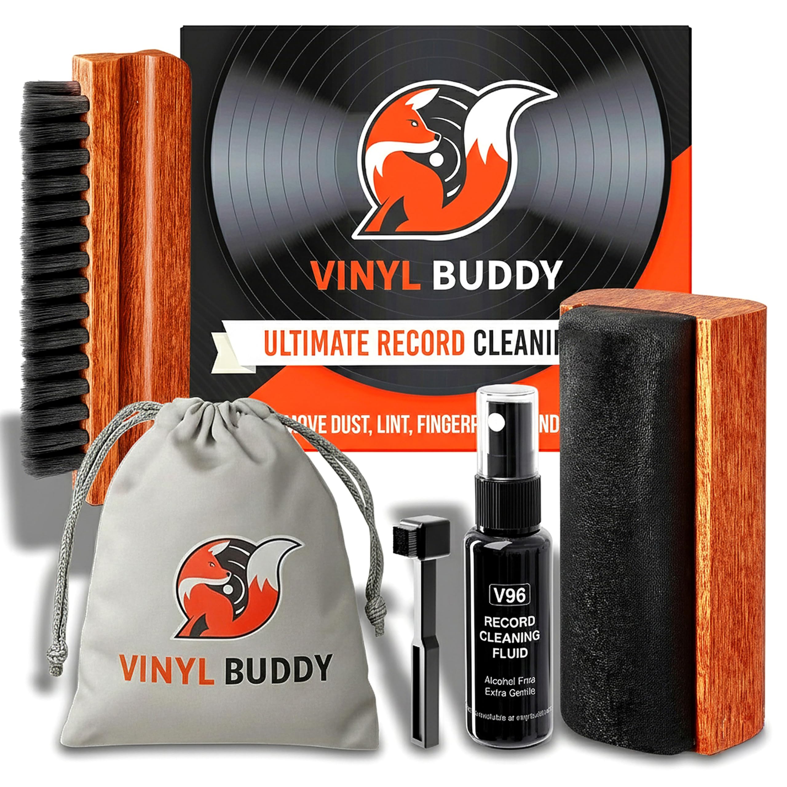 Vinyl Buddy ECHO - Kit per la pulizia dei dischi, 5 pezzi, spazzola in velluto, soluzione per la pulizia dello stilo in microfibra, custodia