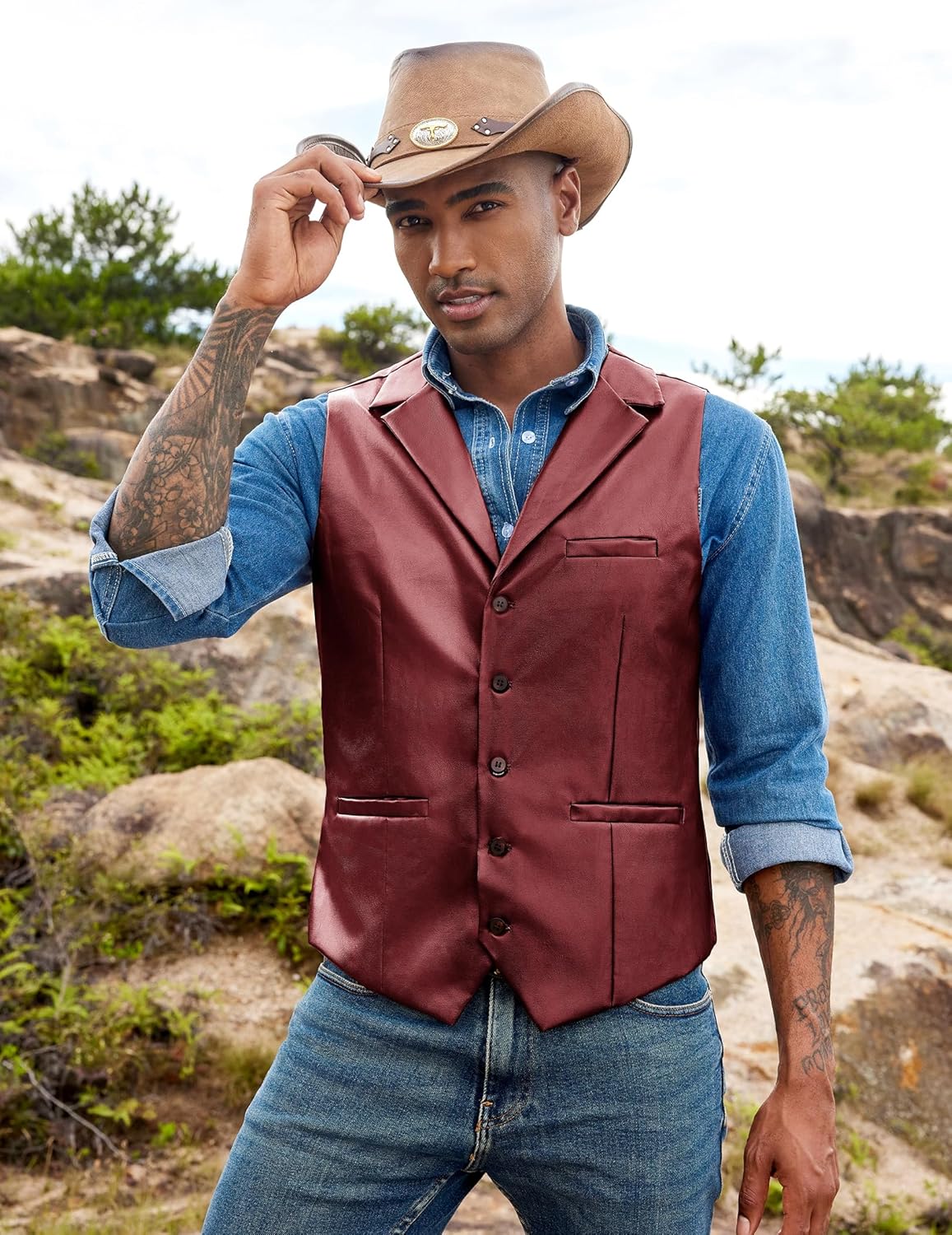 COOFANDY Men's Leather Suit Vest Slim Fit Casual Western Vest Jacket Lightweight V-Neck Dress Waistcoats