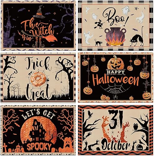 Umigy 6 manteles individuales de Halloween de 12 x 18 pulgadas, manteles individuales góticos de murciélago para decoración de cocina, manteles