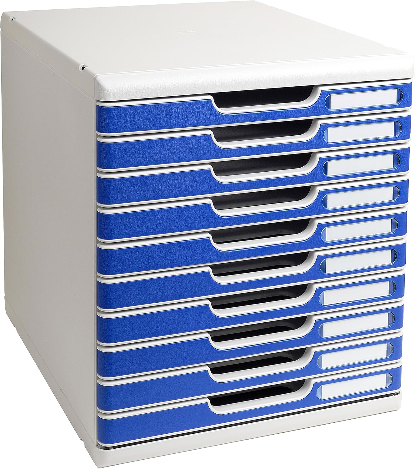 Exacompta - Ref 302003D - Modulo A4 Office - 350 x 288 x 320mm in Size, 10 Closed Drawers (26mm Height), Smooth Opening with Stop, Label Holders - Light Grey/Blue