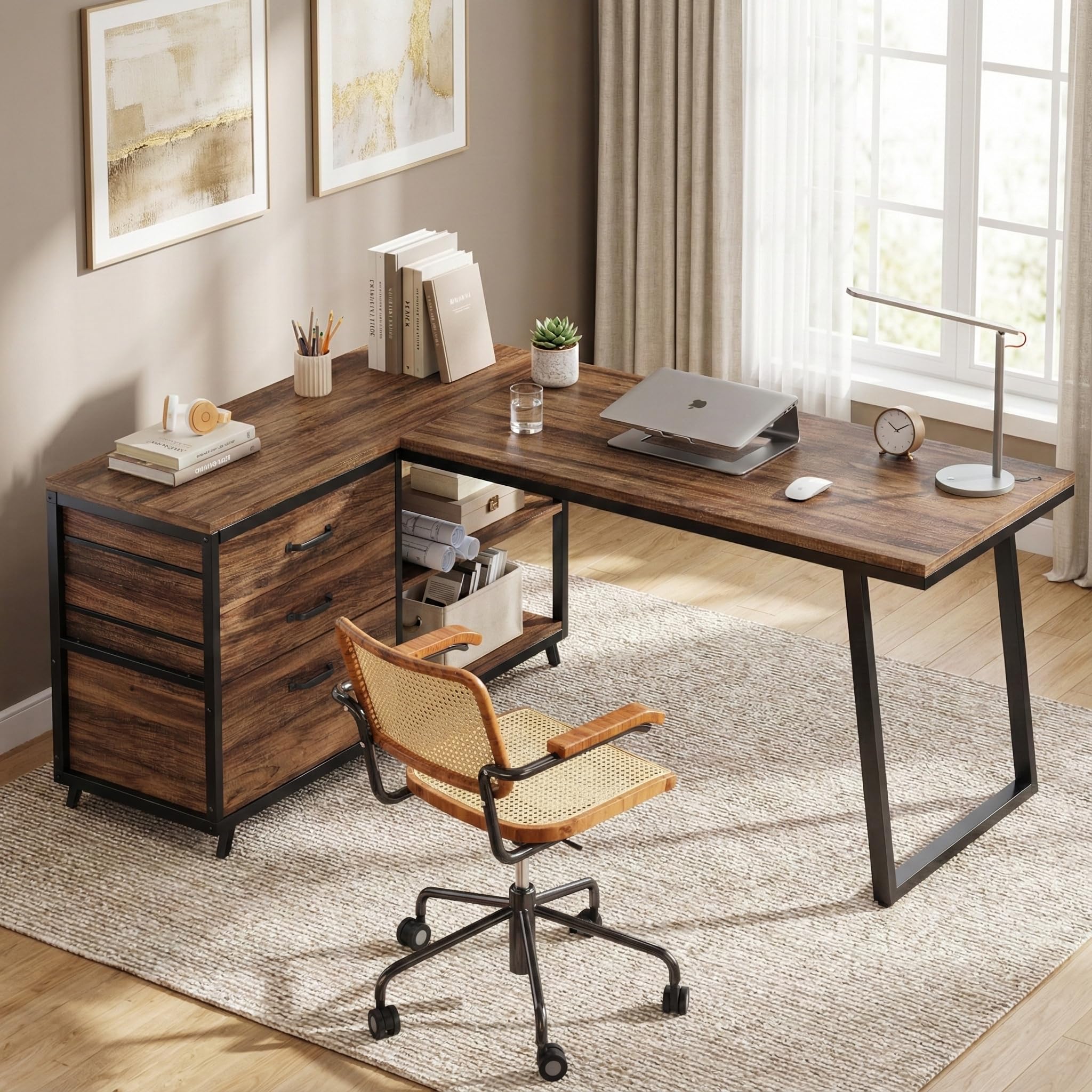 Lailang 134cm Scrivania, Tavolo Angolare, Scrivania Con Cassetti, Scrivania In Legno, Scrivania Studio Casa, Scrittoio Vintage, 134 x 50 x 74 cm, Marrone Rustico Nero