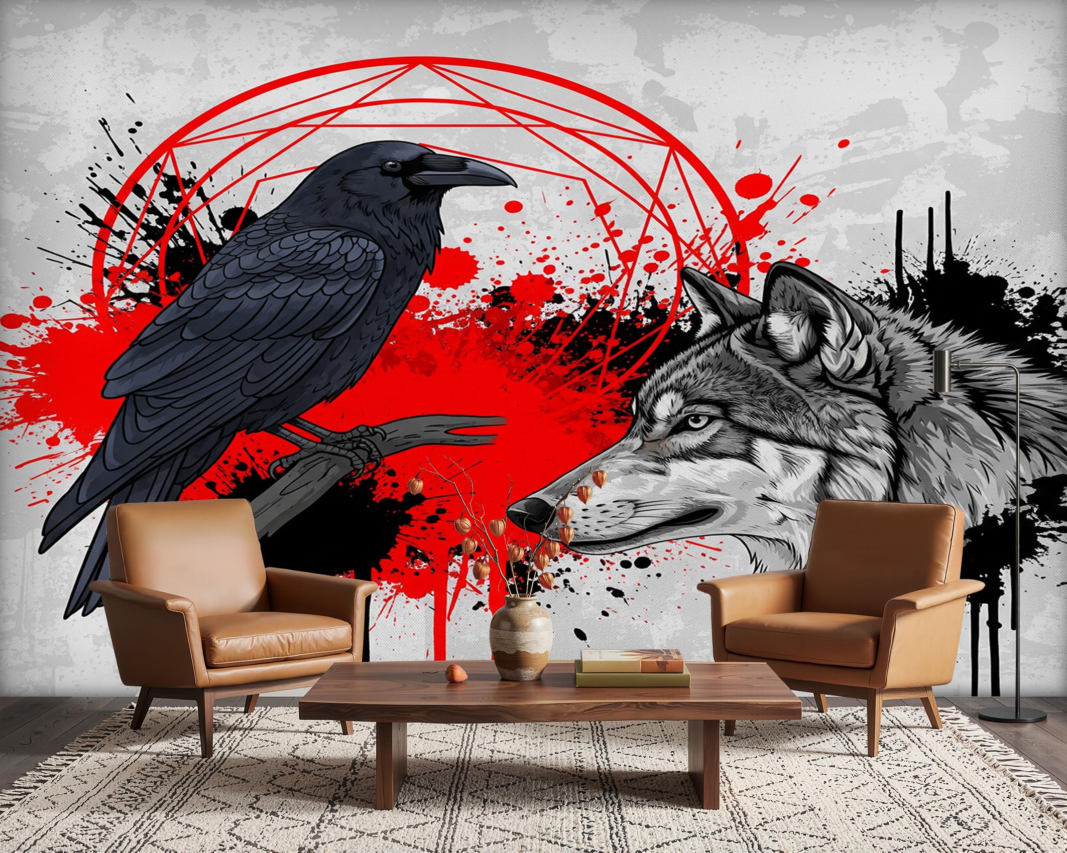PaxGloz Wolf and Raven Wallpaper, Red and Black Gothic Animal Wall Mural for Living Room & Bedroom, Non-Woven Decorative Wall Art 150x105 cm