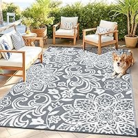 Findosom 5x8 Waterproof Reversible Mandala Outdoor Rug - Durable Plastic Straw Patio Rug for RV, Deck, Beach, Gray