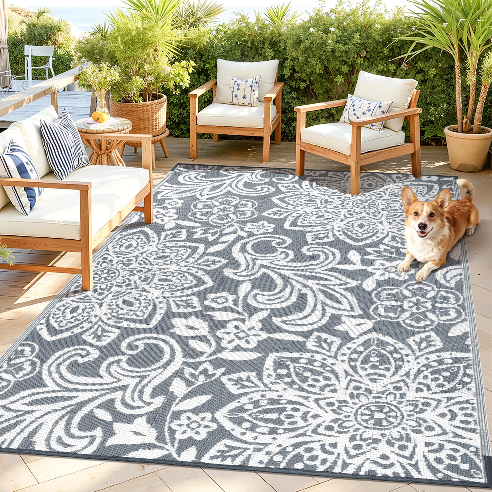 Condition photo showing Good Condition for findosom waterproof outdoor rug 5' x 8' - reversible mandala outdoor plastic straw rug, durable foldable patio rug for rv, deck, balcony, backyard, picnic, porch, camping, beach, gray