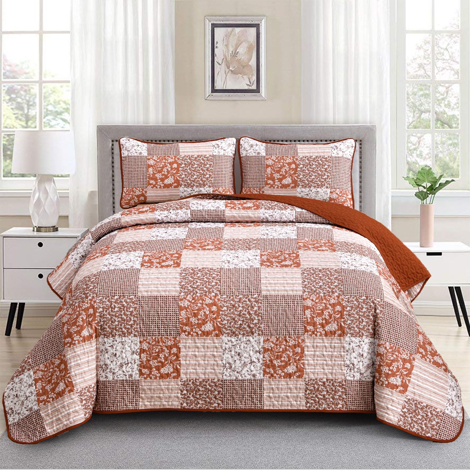 Mybedsoul Burnt Orange Boho Quilt King Size, Patchwork Floral Bedding Set
