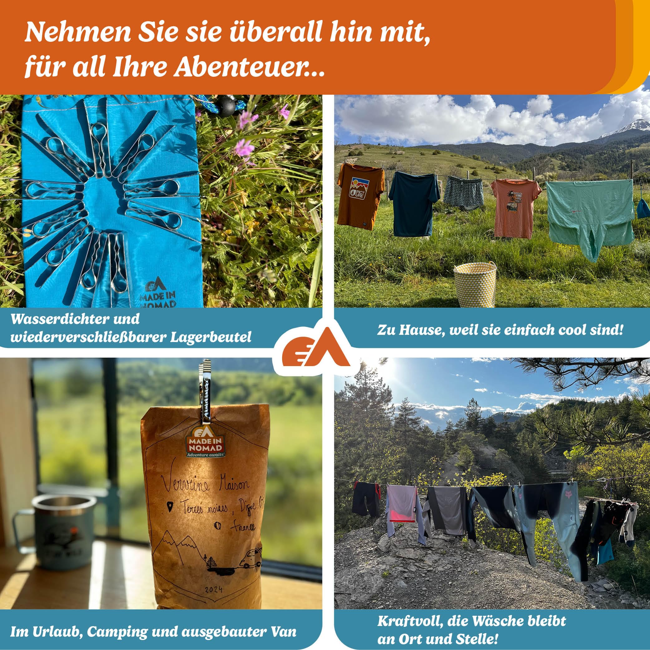 Wild PinUps:100 Unzerbrechliche Edelstahl Wäscheklammern Pincinox mit Wäscheklammerbeutel und Karabiner. Für Waschküche, Wäscheleine, Wäschespinne. Robuste und langlebige Wäscheklammern Made in France