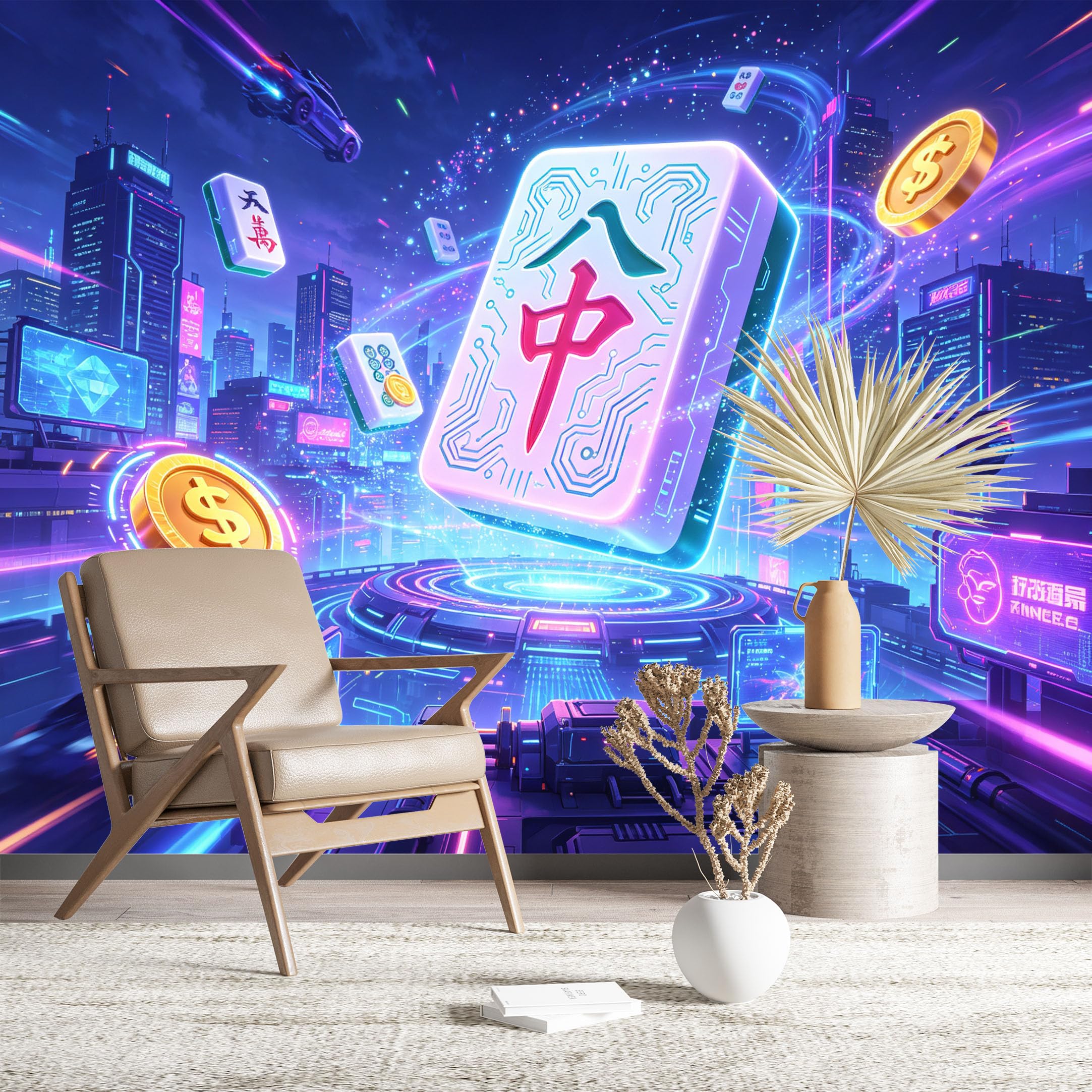 Custom Size Wall Murals Cyberpunk Mahjong Tile in Neon City Large Photo Wallpaper Self-Adhesive Wall Fabric (NO PVC) Removable Wallpaper for Living Room Bedroom