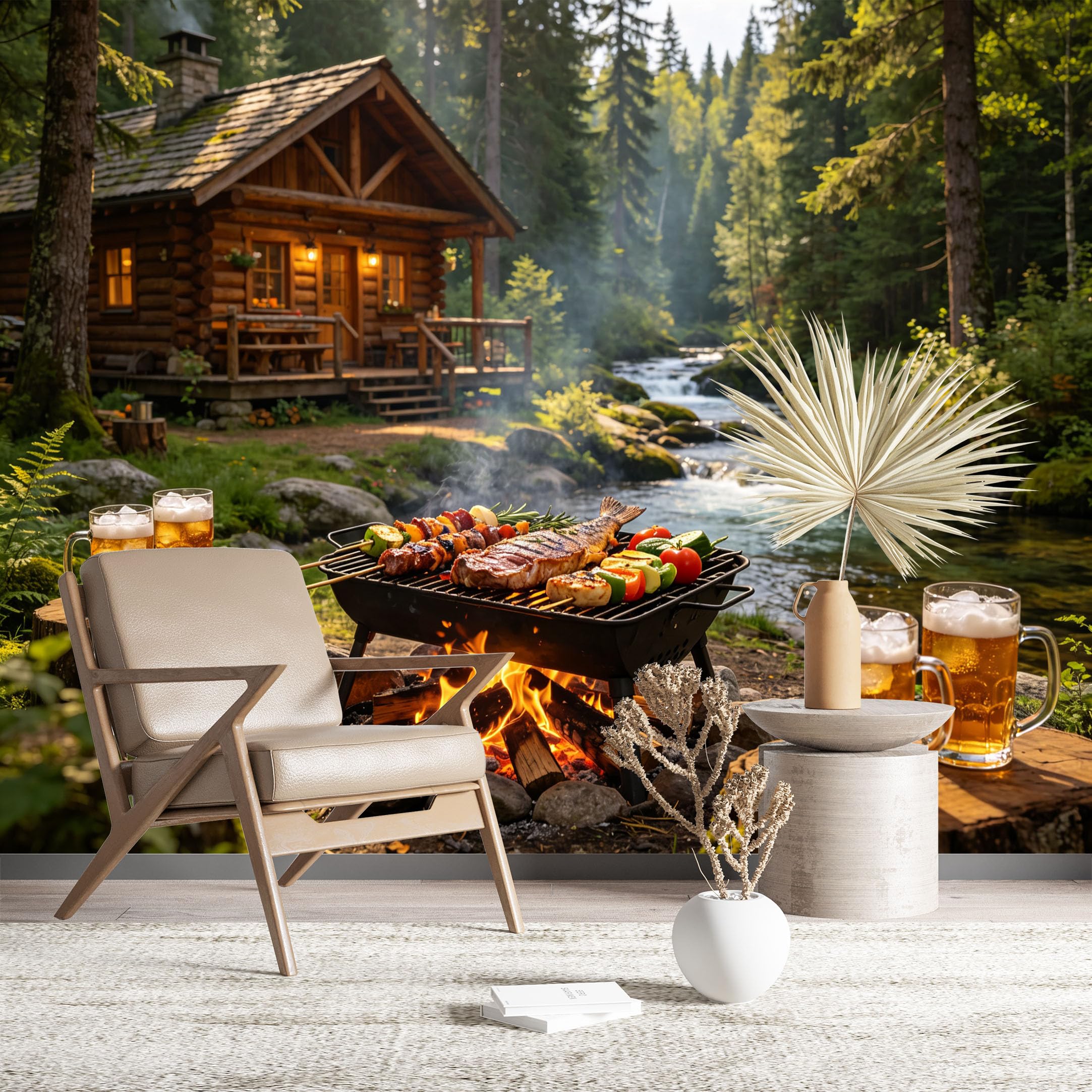 Custom Size Wall Murals Forest Cabin BBQ Wall Murals Food Wallpaper HD Self-Adhesive Removable Wallpaper for Living Room Home Decor