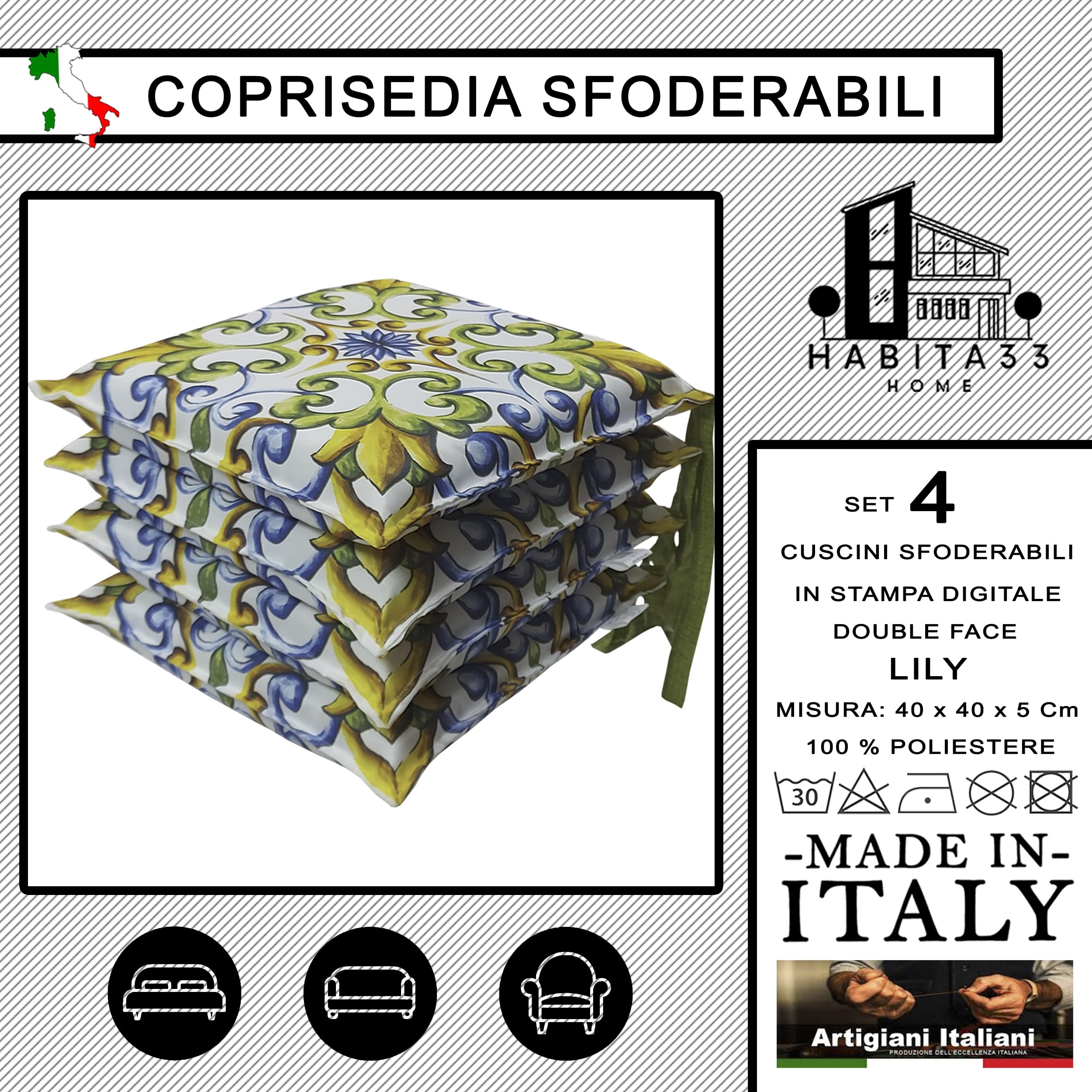 Cojines para Sillas de Cocina – Set de 4 Cojines – Fundas Desenfundables con Lazos – Estampado Digital Moderno – Comodidad y Estilo – Fabricación Italiana (4, Lily)