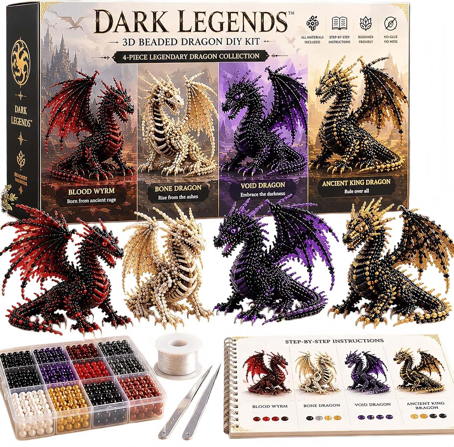 Yxathoyi DIY Beaded Animal Kit 3D for Adults,Stress Relief (1, Dragon Set)