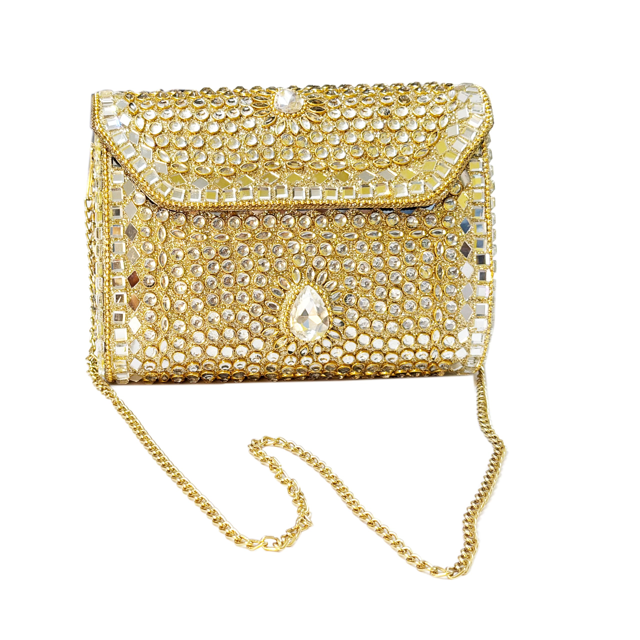 Stone Studded Bridal Clutch & Sling Bag for Women | Embellished Gold Purse with Detachable Chain Strap | Wedding Evening Designer Handbag-image-9