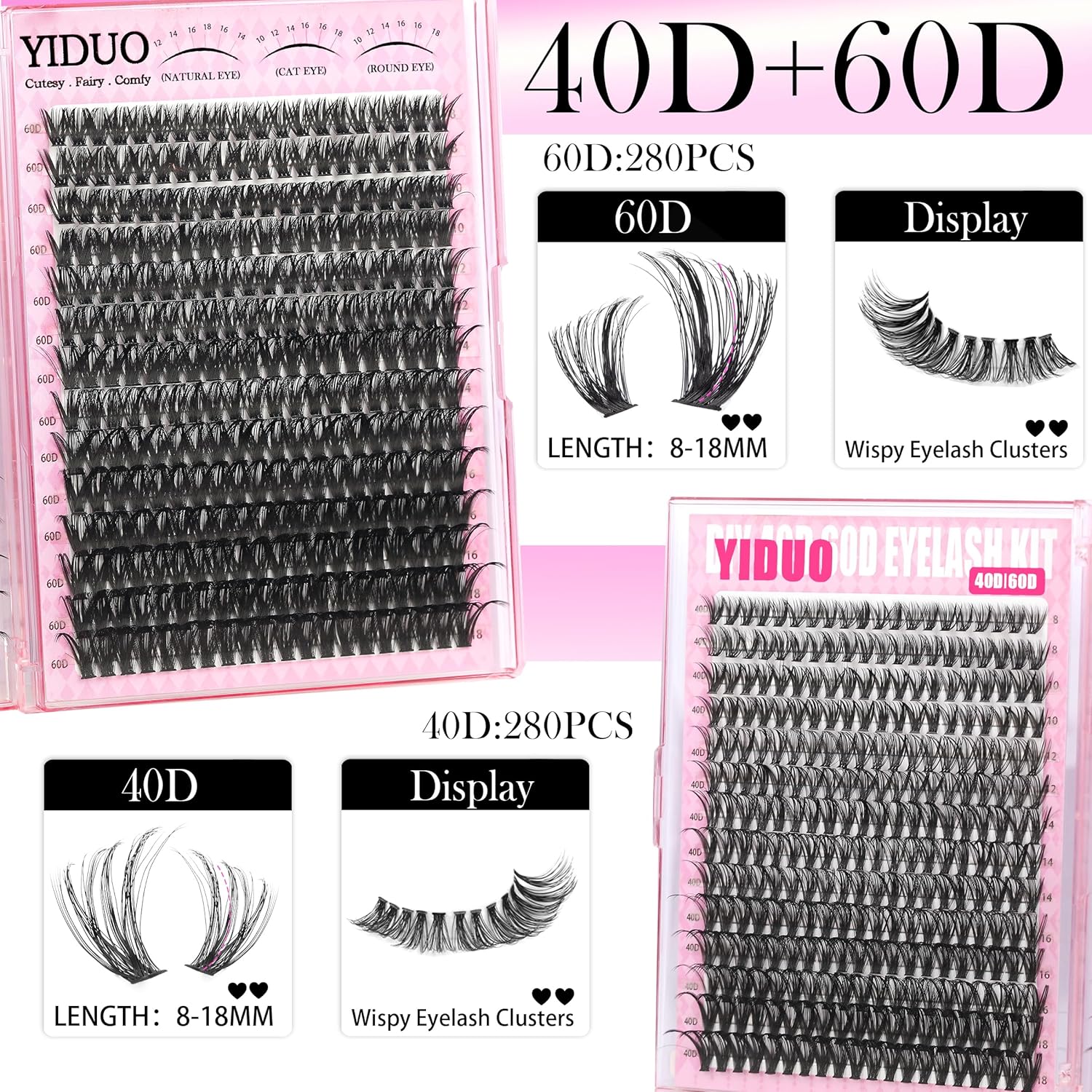 YIDUO 1520Pcs Lashes Clusters Kit with Spikes+Bottom 6 Styles 100D/200D/300D Cluster Lash Extension Kit with 2X Bond&Seal 10-20mm Volume Individual Eyelash Extension Kit Gift Packs